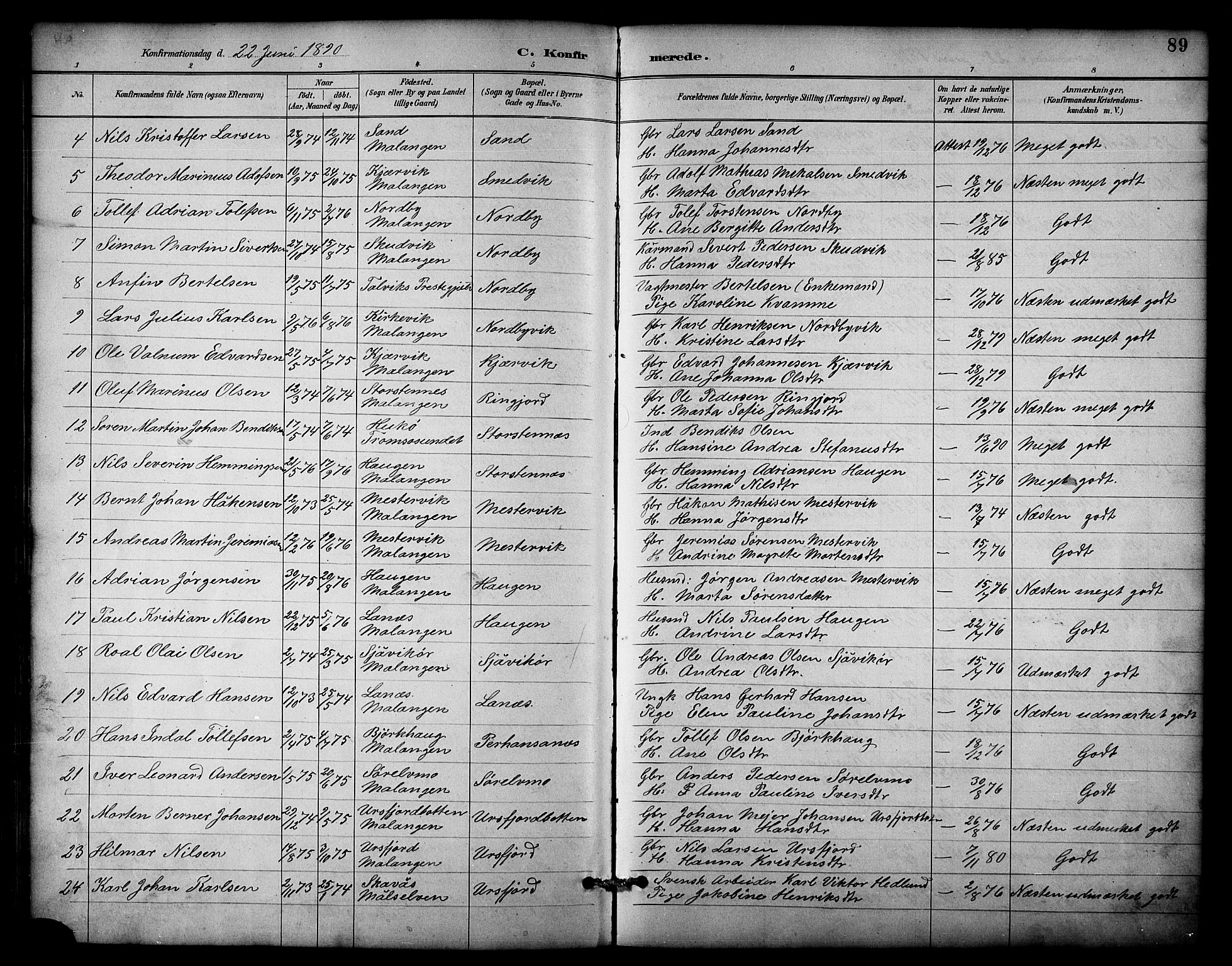 Balsfjord sokneprestembete, AV/SATØ-S-1303/G/Gab/L0003klokker: Klokkerbok nr. 3, 1887-1909, s. 89