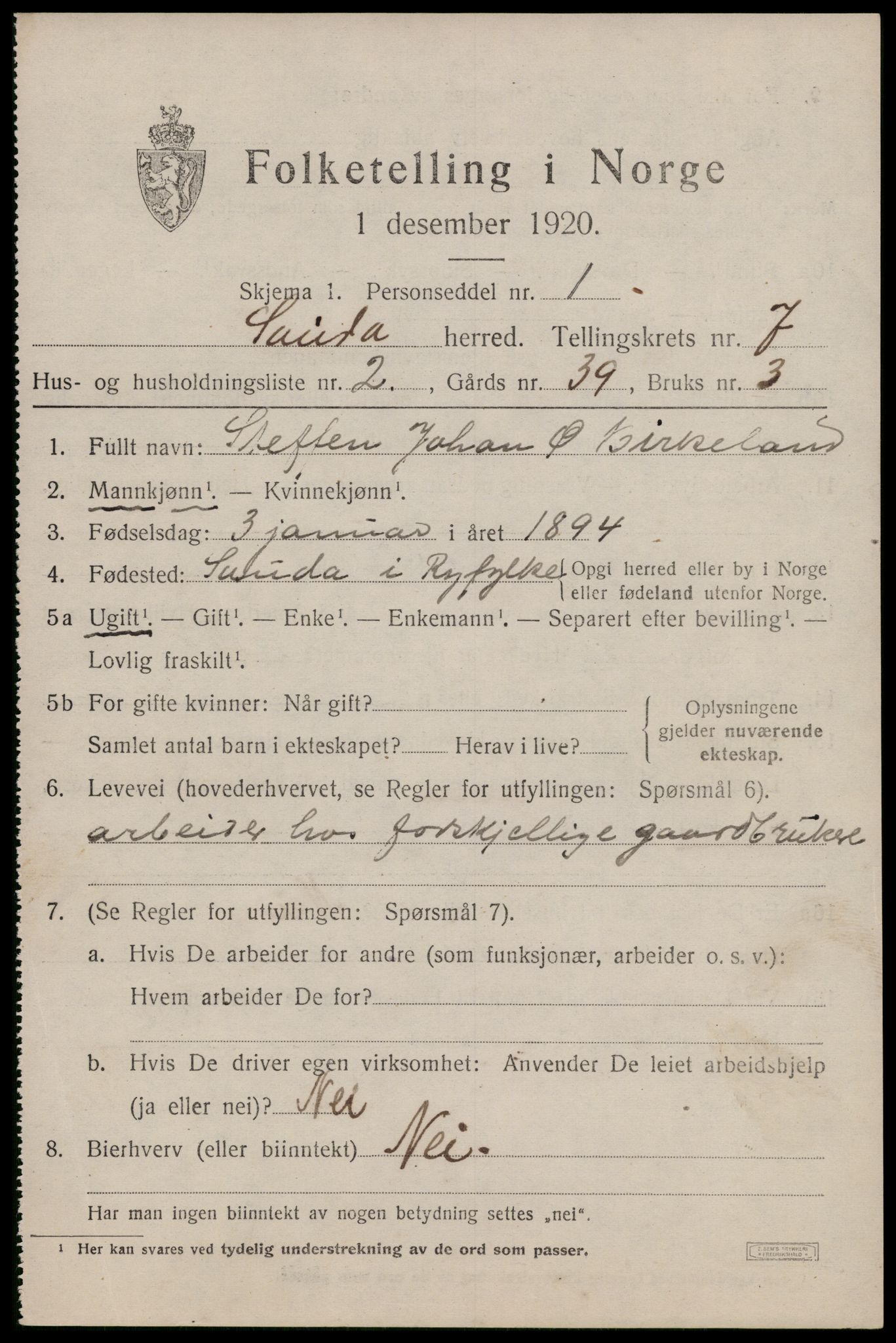 SAST, Folketelling 1920 for 1135 Sauda herred, 1920, s. 4104