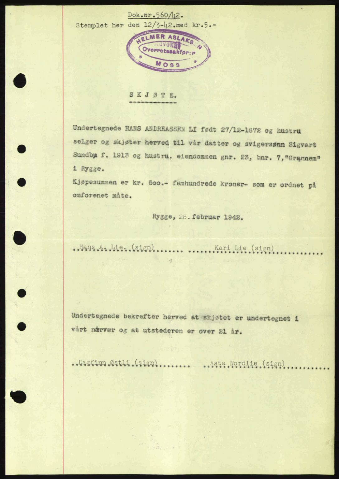 Moss sorenskriveri, SAO/A-10168: Pantebok nr. A9, 1941-1942, Dagboknr: 560/1942