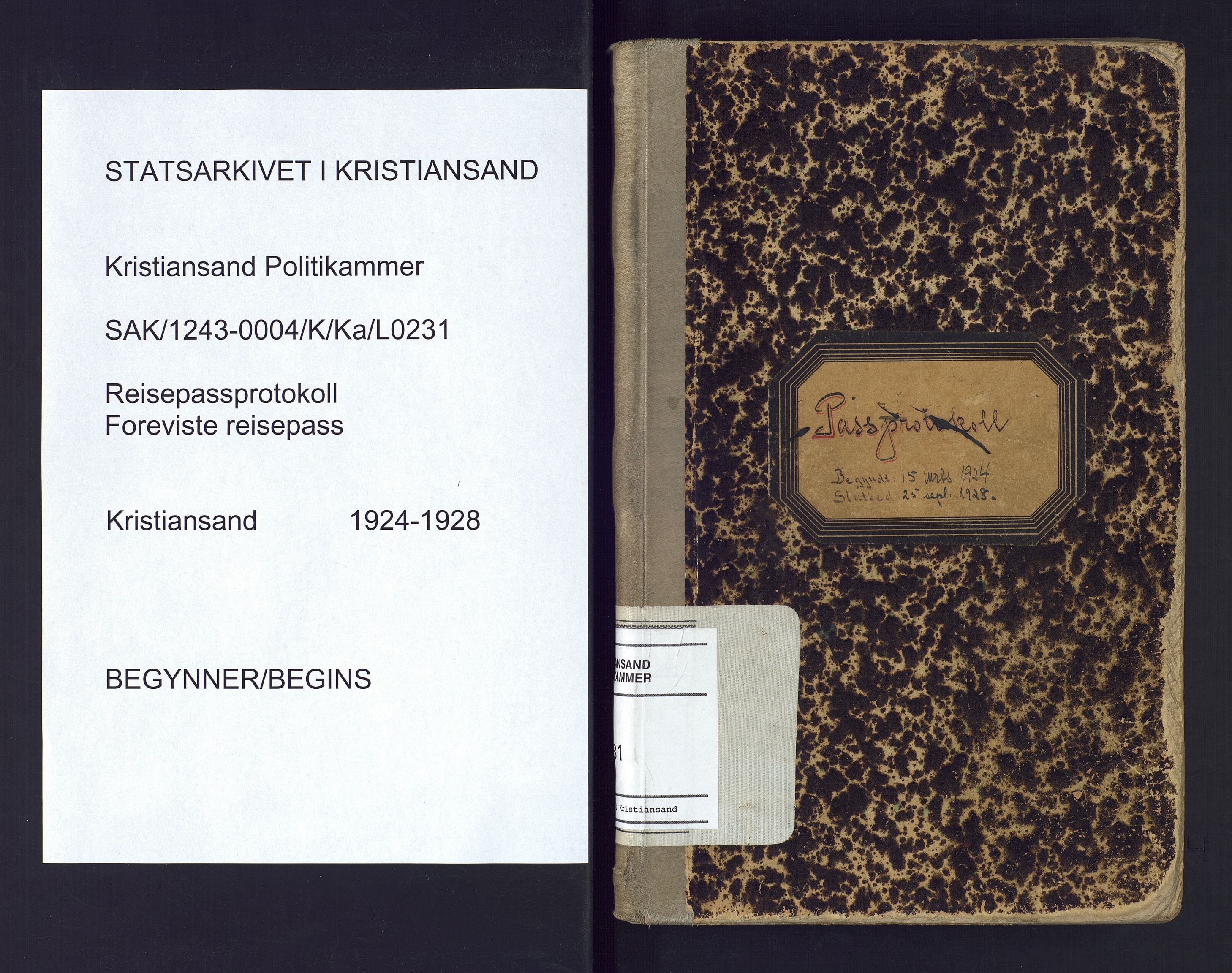 Kristiansand politikammer, SAK/1243-0004/K/Ka/L0231: Passprotokoll foreviste reisepass, 1924-1928