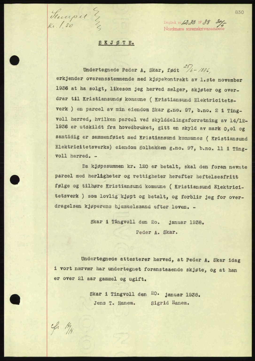 Nordmøre sorenskriveri, SAT/A-4132/1/2/2Ca: Pantebok nr. A83, 1938-1938, Dagboknr: 1238/1938