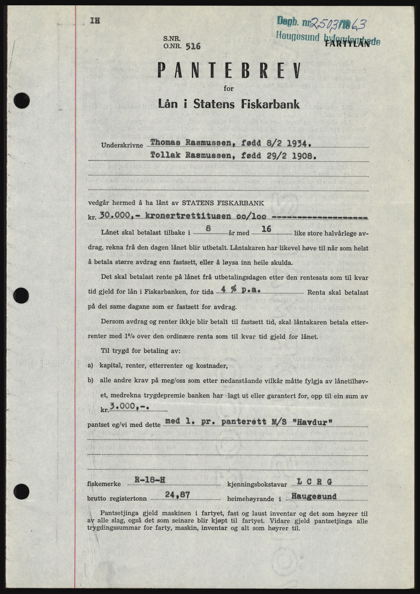 Haugesund tingrett, SAST/A-101415/01/II/IIC/L0051: Pantebok nr. B 51, 1963-1964, Dagboknr: 2503/1963