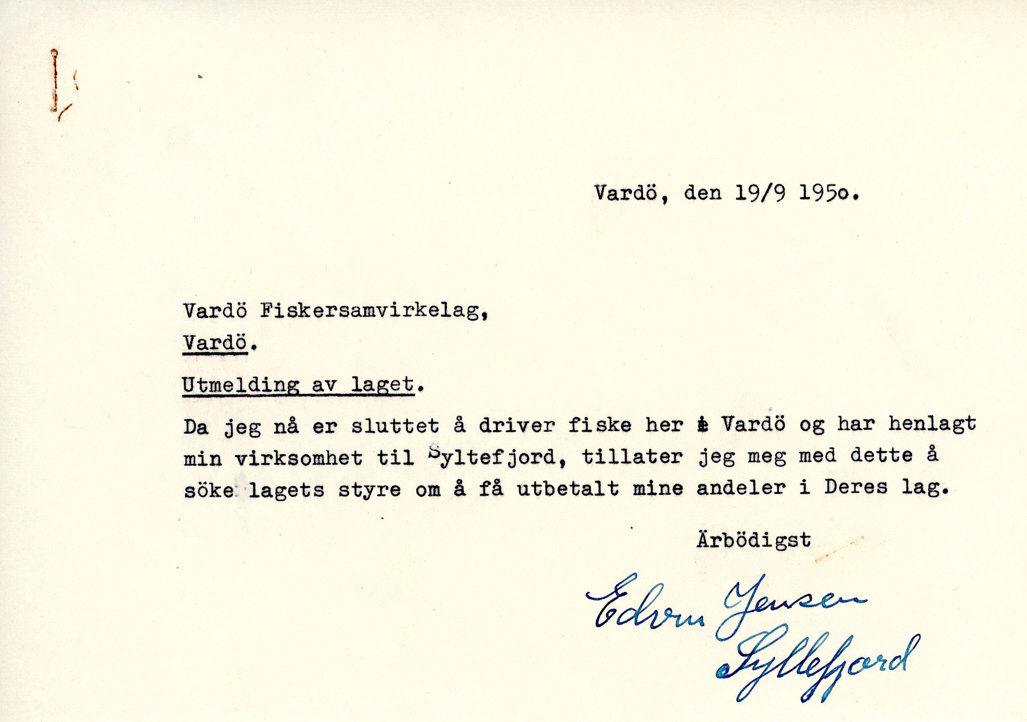 Vardø Fiskersamvirkelag, VAMU/A-0037/D/Da/L0001: Korrespondanse Ab-Eg, 1946-1950