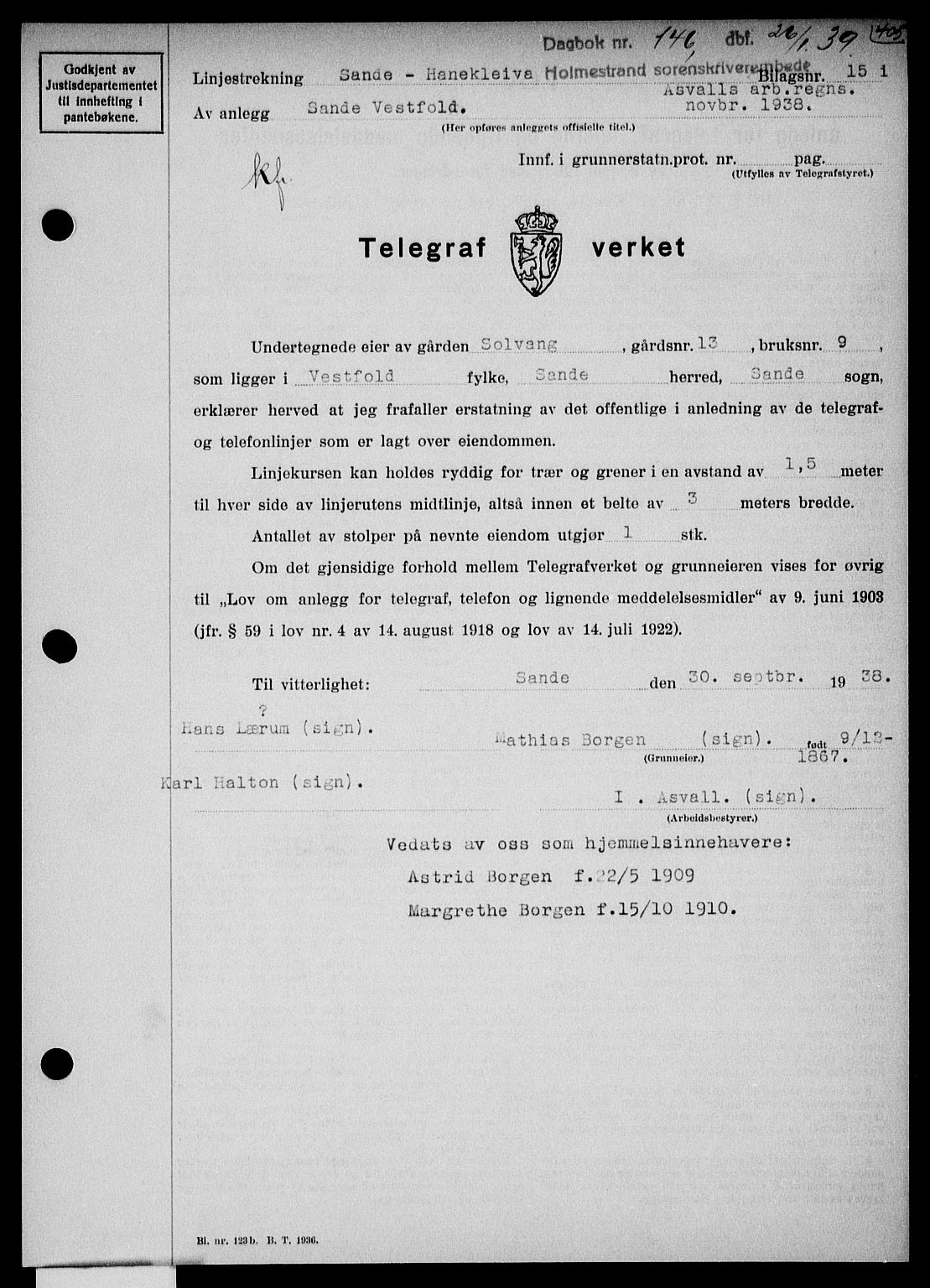 Holmestrand sorenskriveri, SAKO/A-67/G/Ga/Gaa/L0050: Pantebok nr. A-50, 1938-1939, Dagboknr: 146/1939