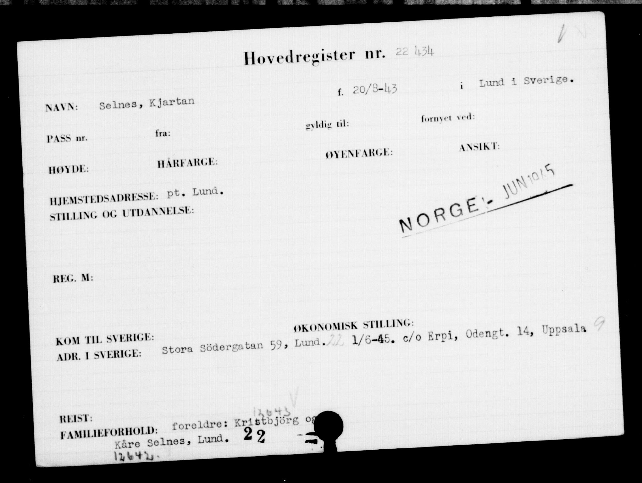 Utenriksstasjonene, Legasjonen i Stockholm, Flyktningkontoret, AV/RA-S-6753/V/Va/L0010: Kjesäterkartoteket, flyktning nr. 22000-25314, 1940-1945, s. 485