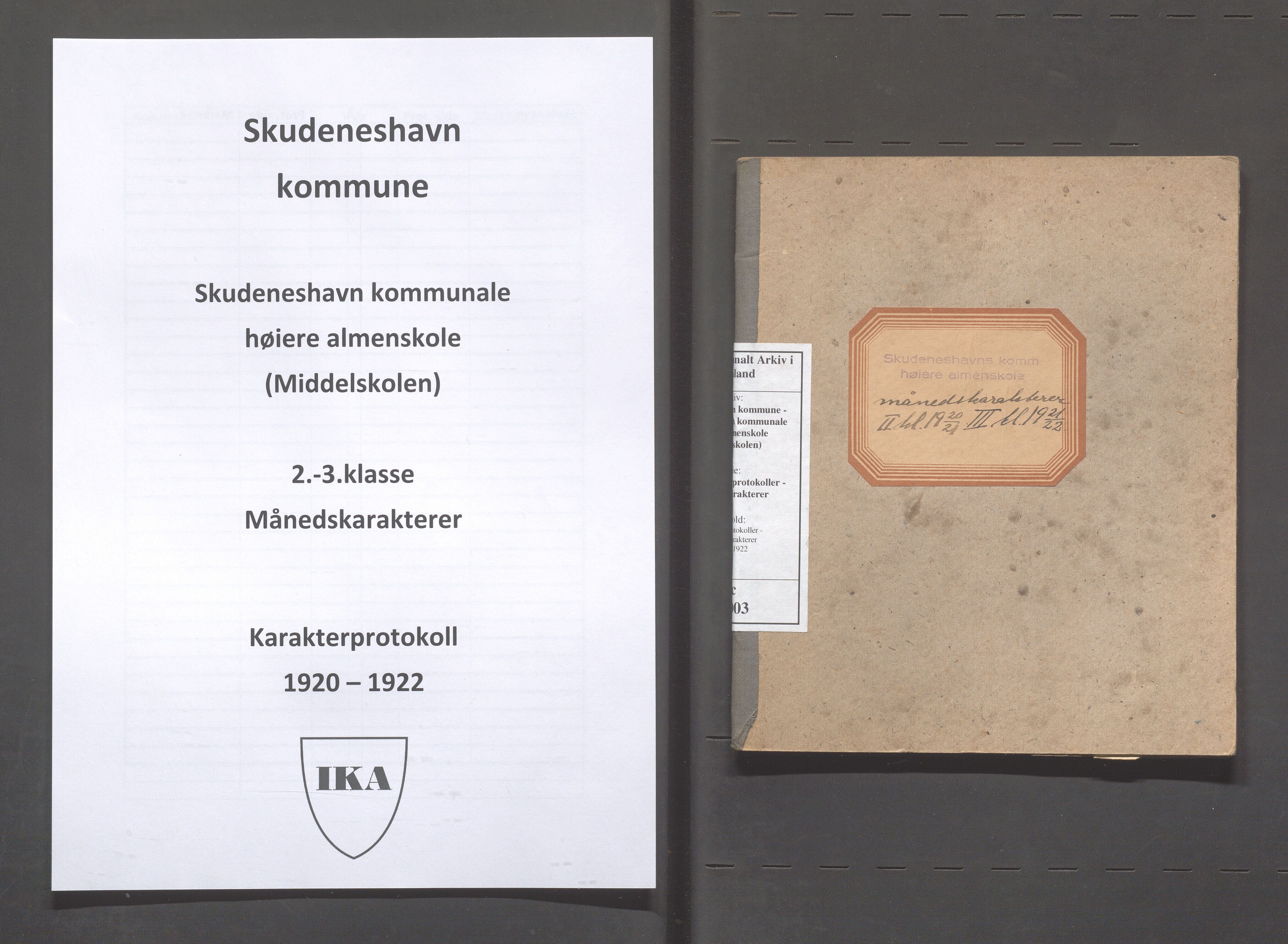 Skudeneshavn kommune - Skudeneshavn kommunale høiere almenskole (Middelskolen), IKAR/A-375/Fc/L0003: Karakterprotokoller - månedskarakterer, 1920-1922, s. 1