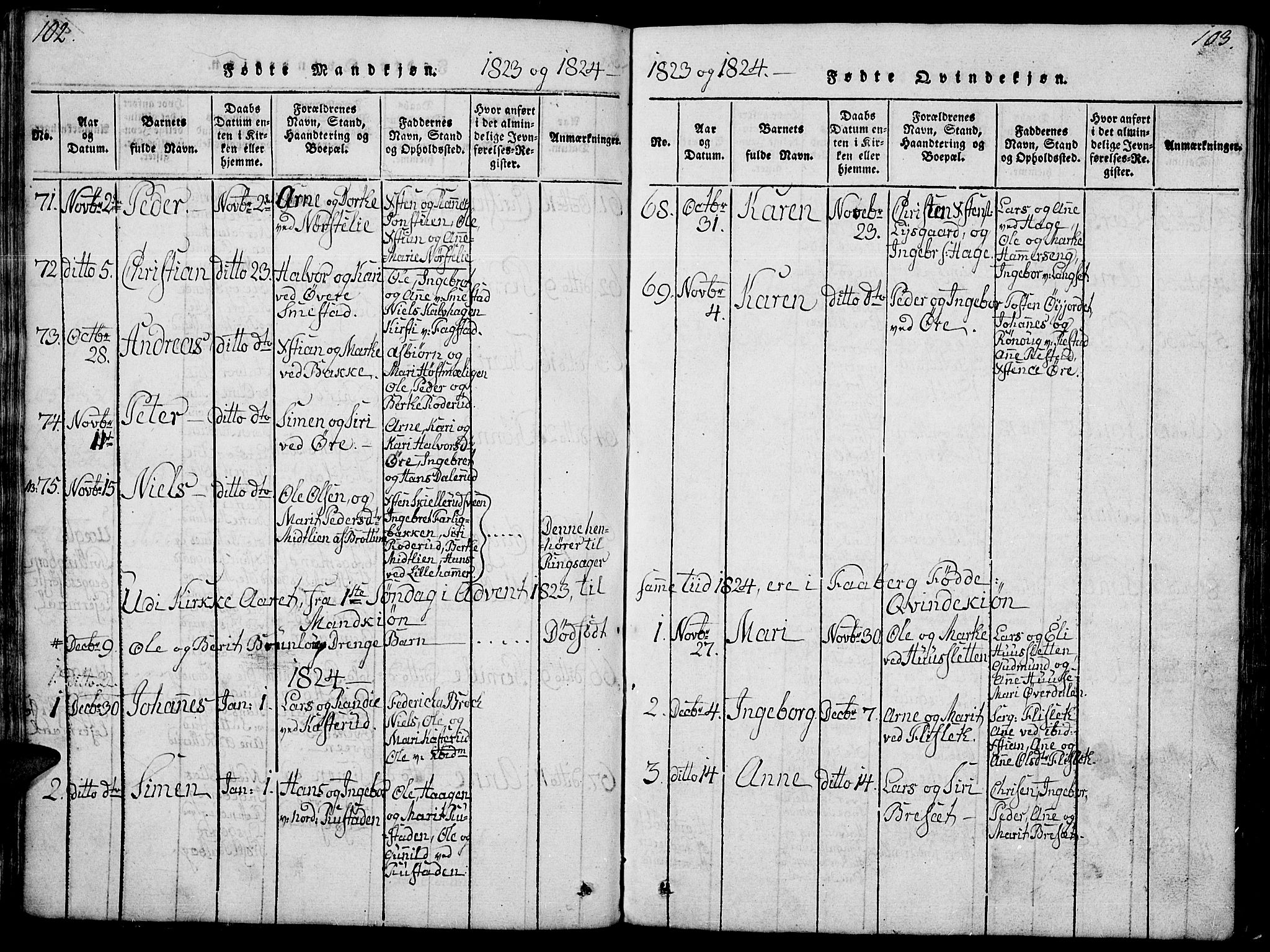Fåberg prestekontor, AV/SAH-PREST-086/H/Ha/Hab/L0004: Klokkerbok nr. 4, 1818-1837, s. 102-103