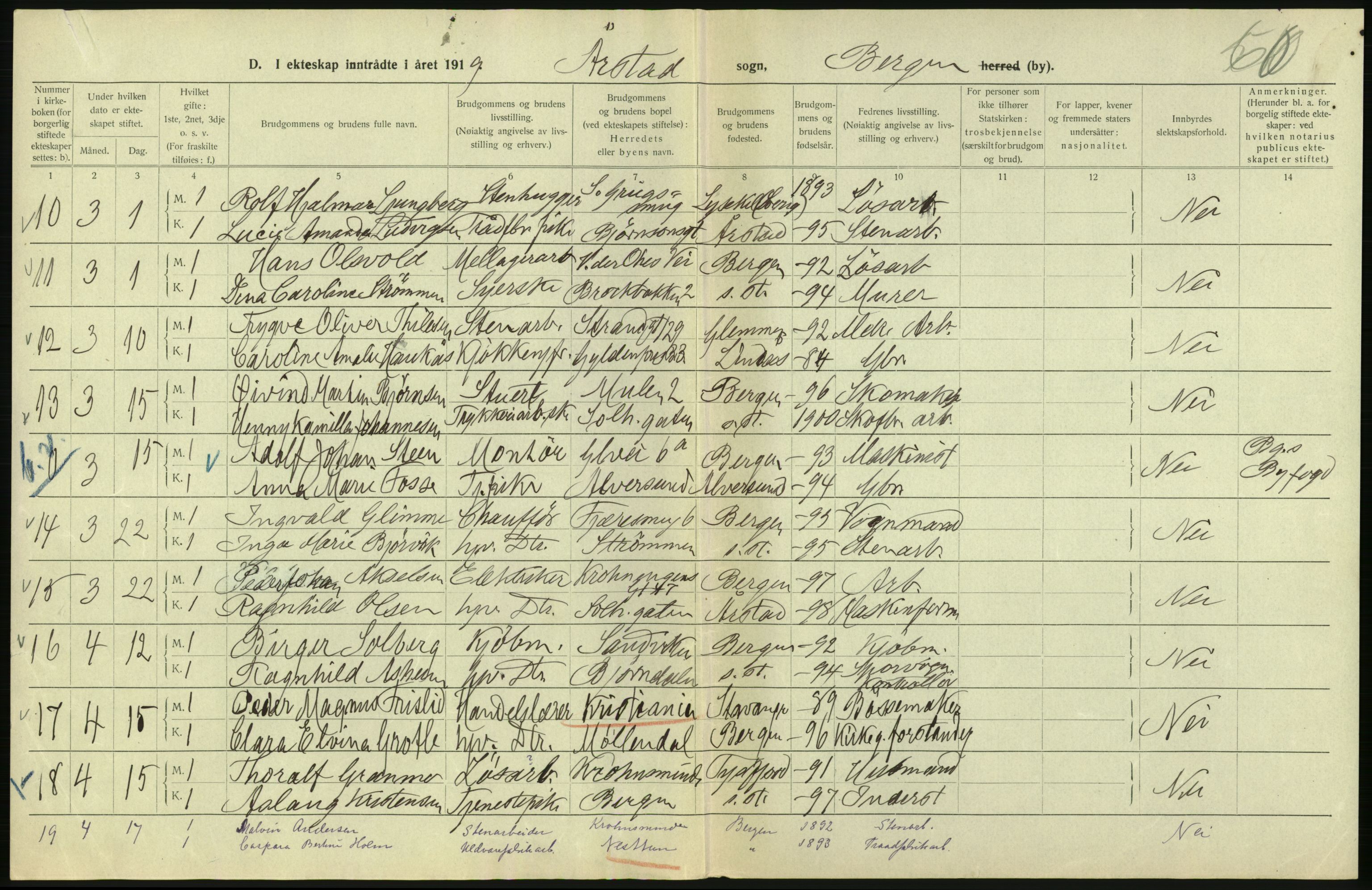 Statistisk sentralbyrå, Sosiodemografiske emner, Befolkning, AV/RA-S-2228/D/Df/Dfb/Dfbi/L0035: Bergen: Gifte, døde, dødfødte., 1919, s. 26