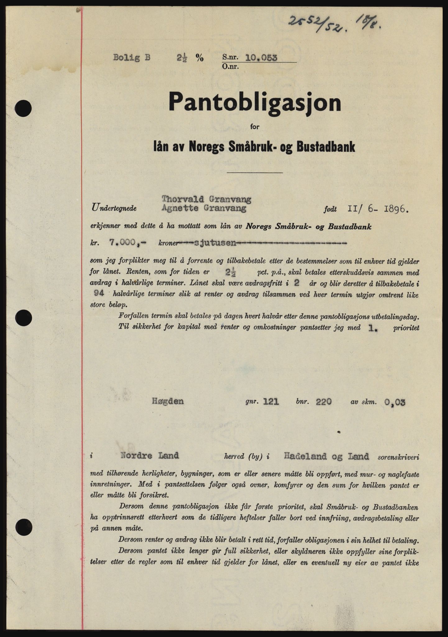 Hadeland og Land tingrett, SAH/TING-010/H/Hb/Hbc/L0024: Pantebok nr. B24, 1952-1952, Dagboknr: 2552/1952