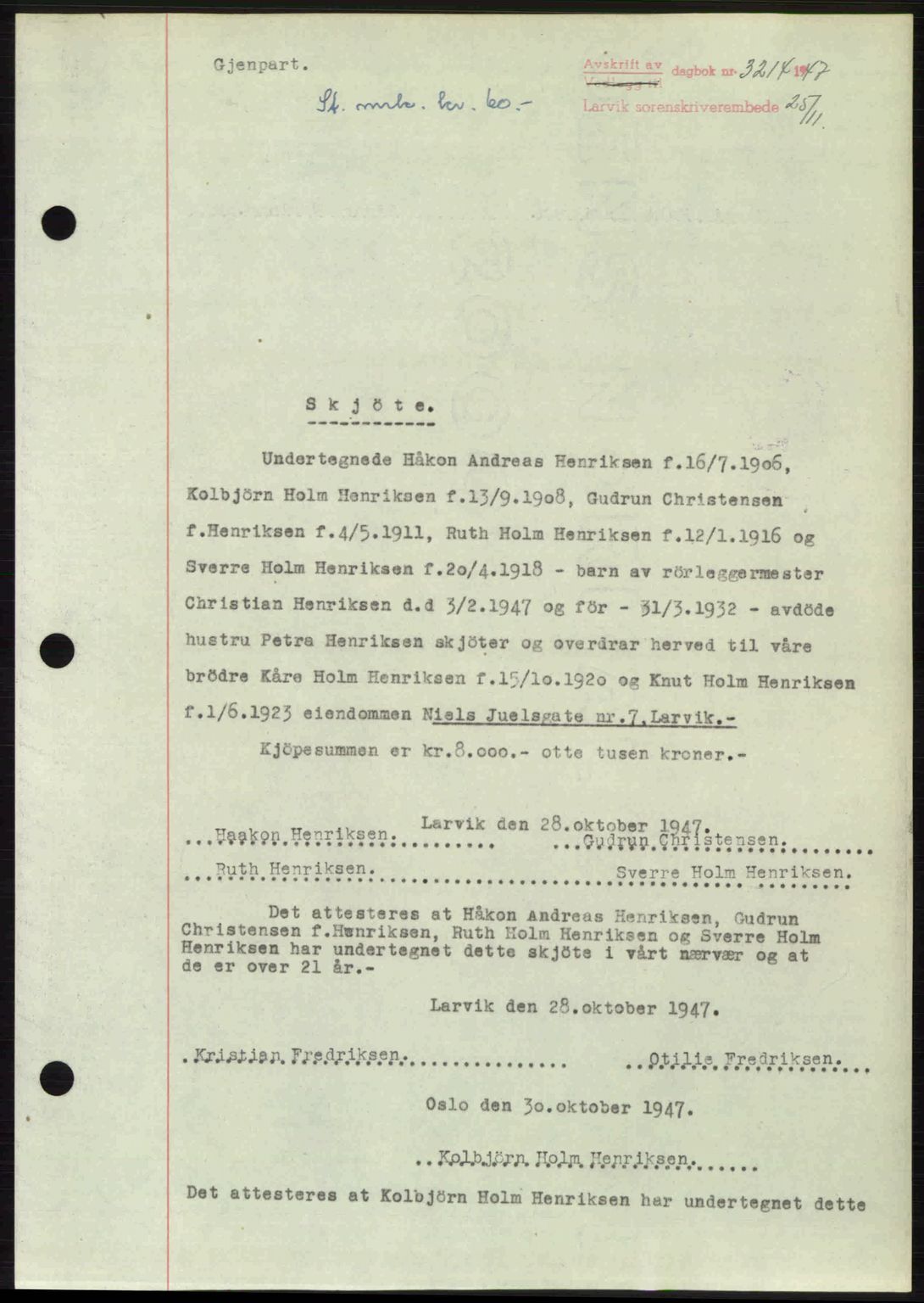 Larvik sorenskriveri, SAKO/A-83/G/Ga/Gab/L0085: Pantebok nr. A-19, 1947-1948, Dagboknr: 3214/1947