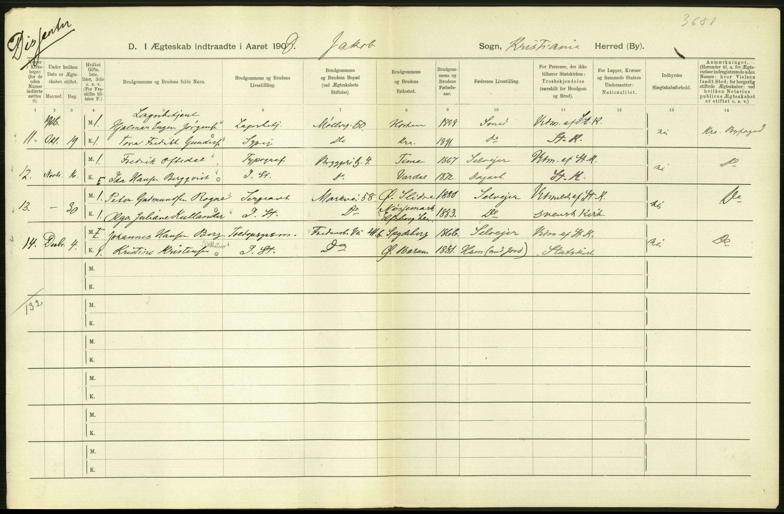 Statistisk sentralbyrå, Sosiodemografiske emner, Befolkning, AV/RA-S-2228/D/Df/Dfa/Dfaf/L0007: Kristiania: Gifte, 1908, s. 568