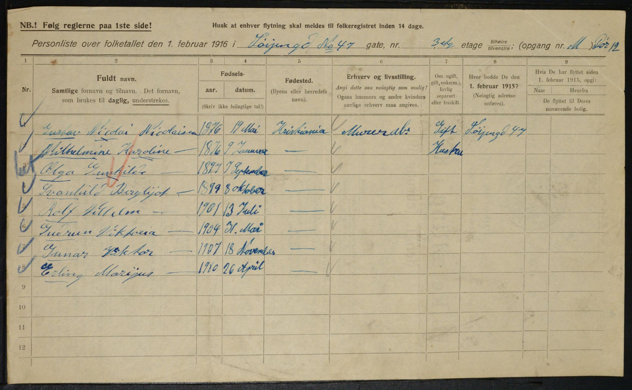 OBA, Kommunal folketelling 1.2.1916 for Kristiania, 1916, s. 122099