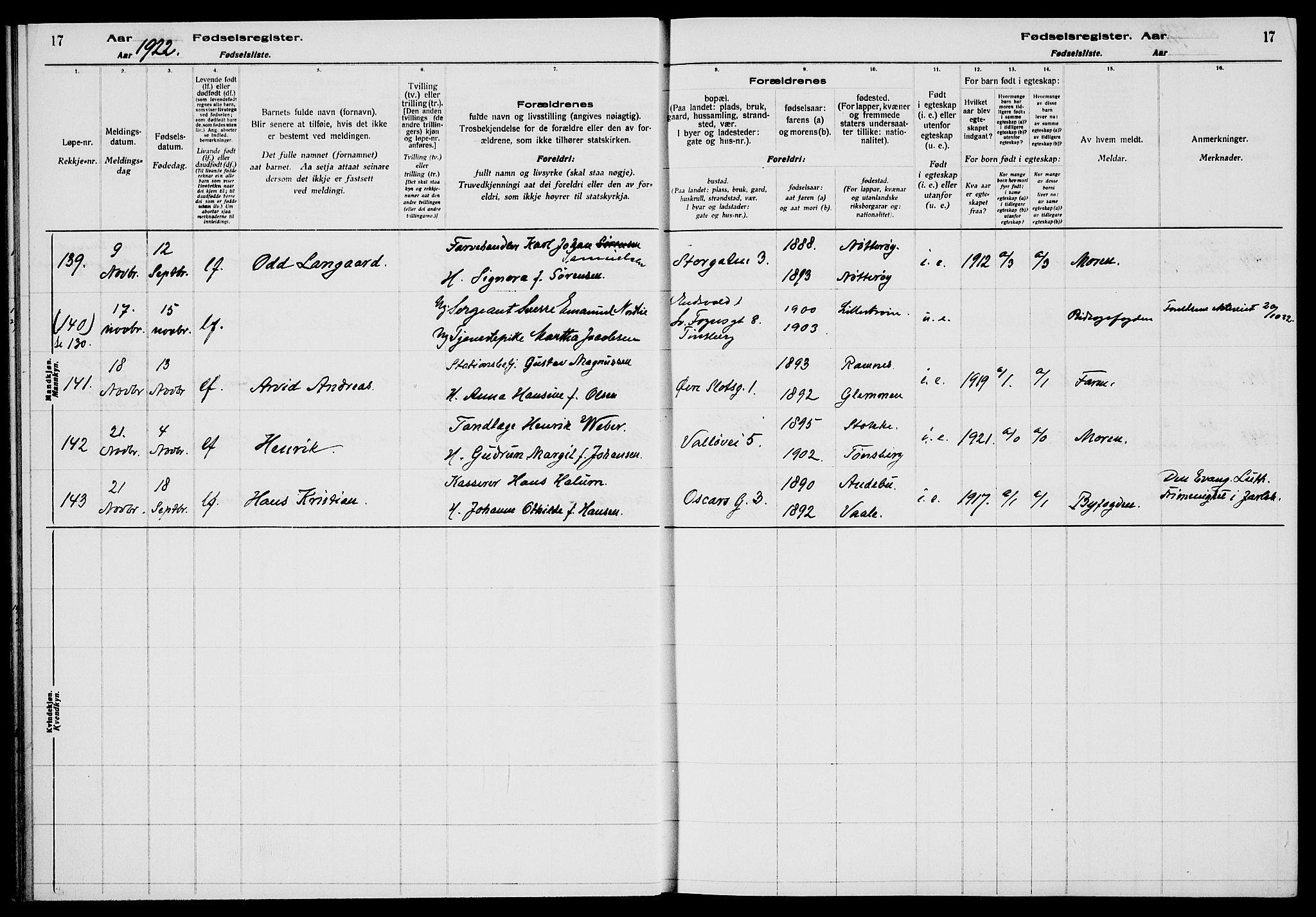 Tønsberg kirkebøker, AV/SAKO-A-330/J/Ja/L0002: Fødselsregister nr. 2, 1922-1928, s. 17