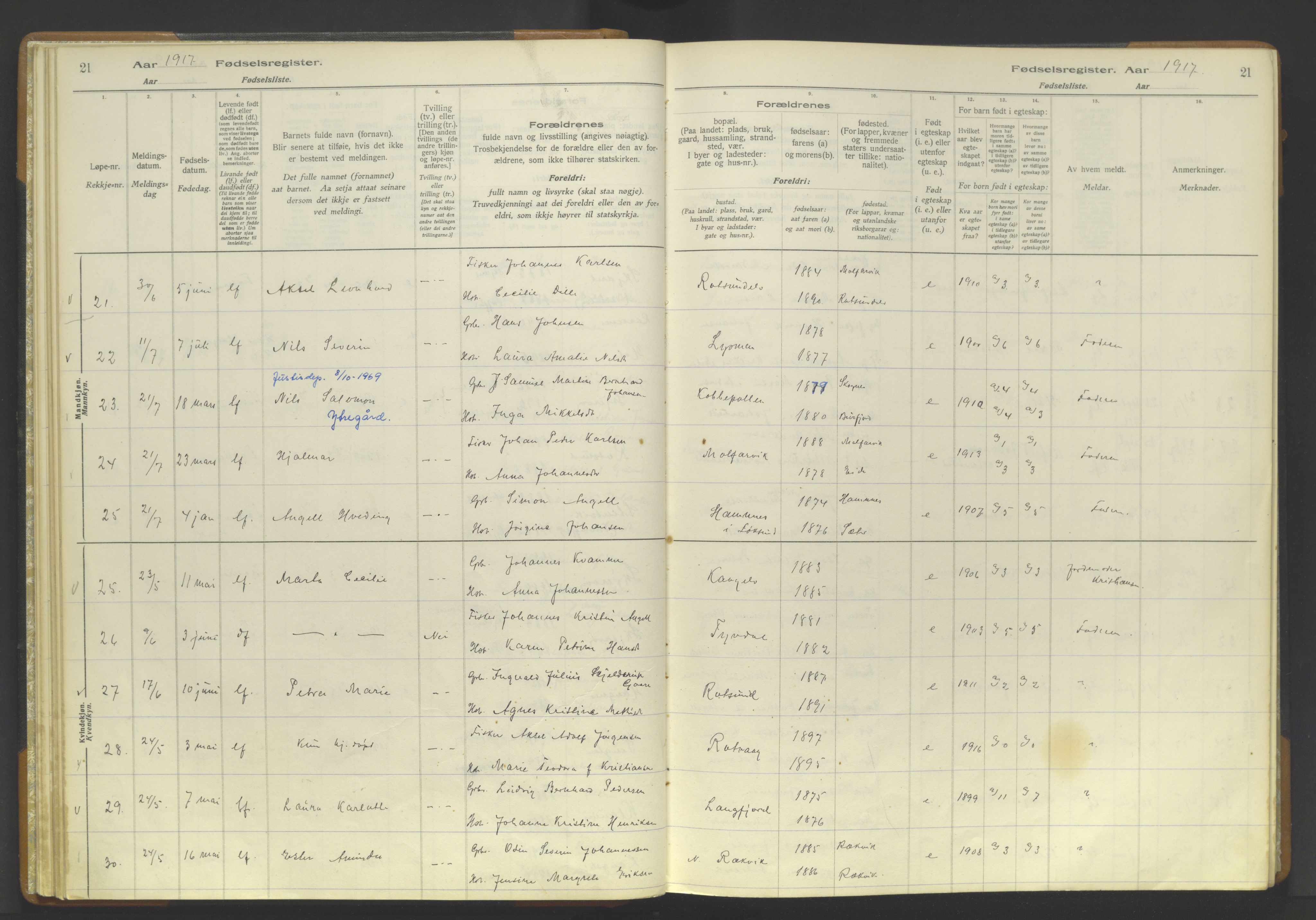 Skjervøy sokneprestkontor, AV/SATØ-S-1300/I/Ia/L0056: Fødselsregister nr. 56, 1916-1932, s. 21