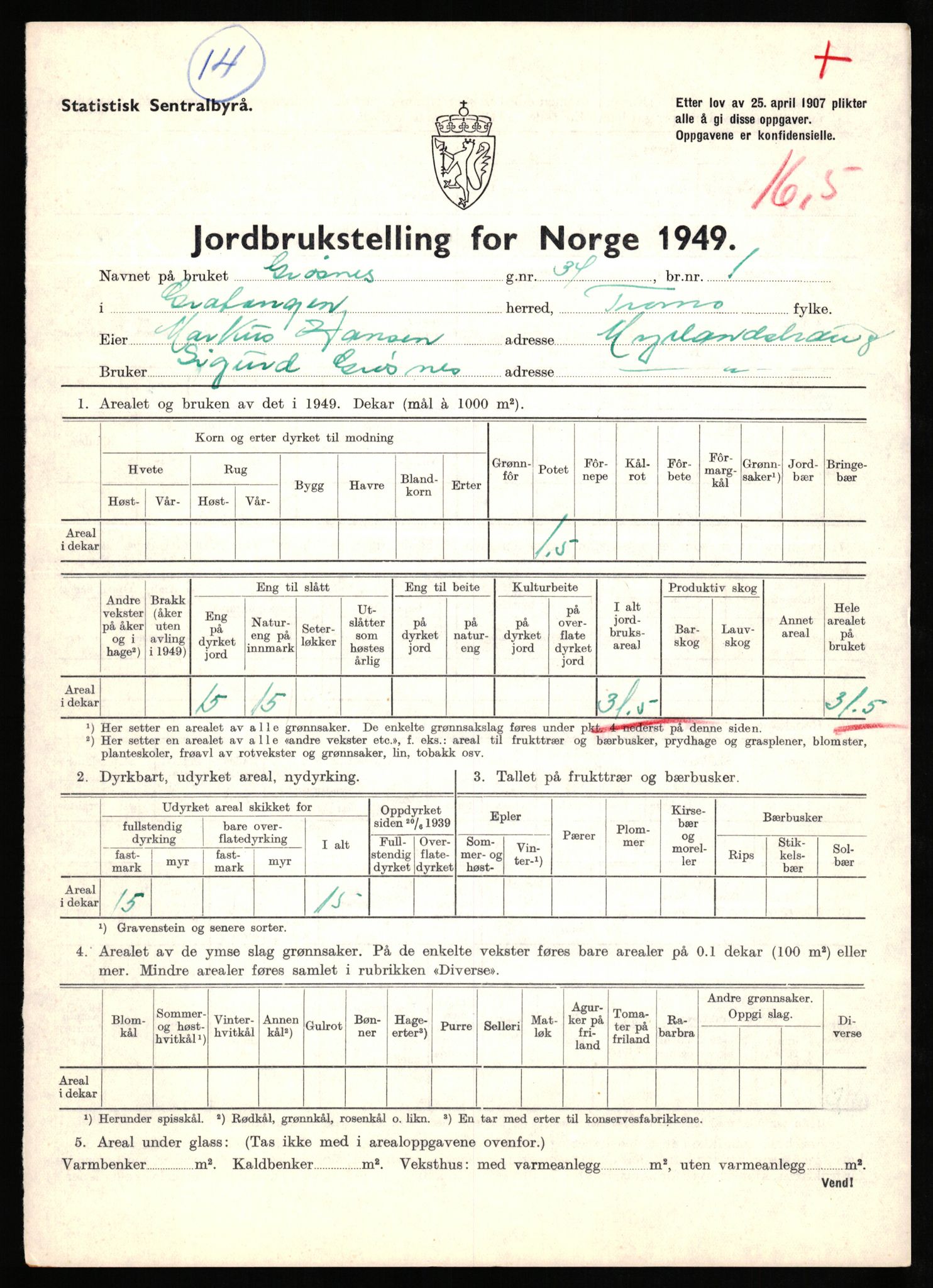 Statistisk sentralbyrå, Næringsøkonomiske emner, Jordbruk, skogbruk, jakt, fiske og fangst, AV/RA-S-2234/G/Gc/L0437: Troms: Gratangen og Lavangen, 1949, s. 884