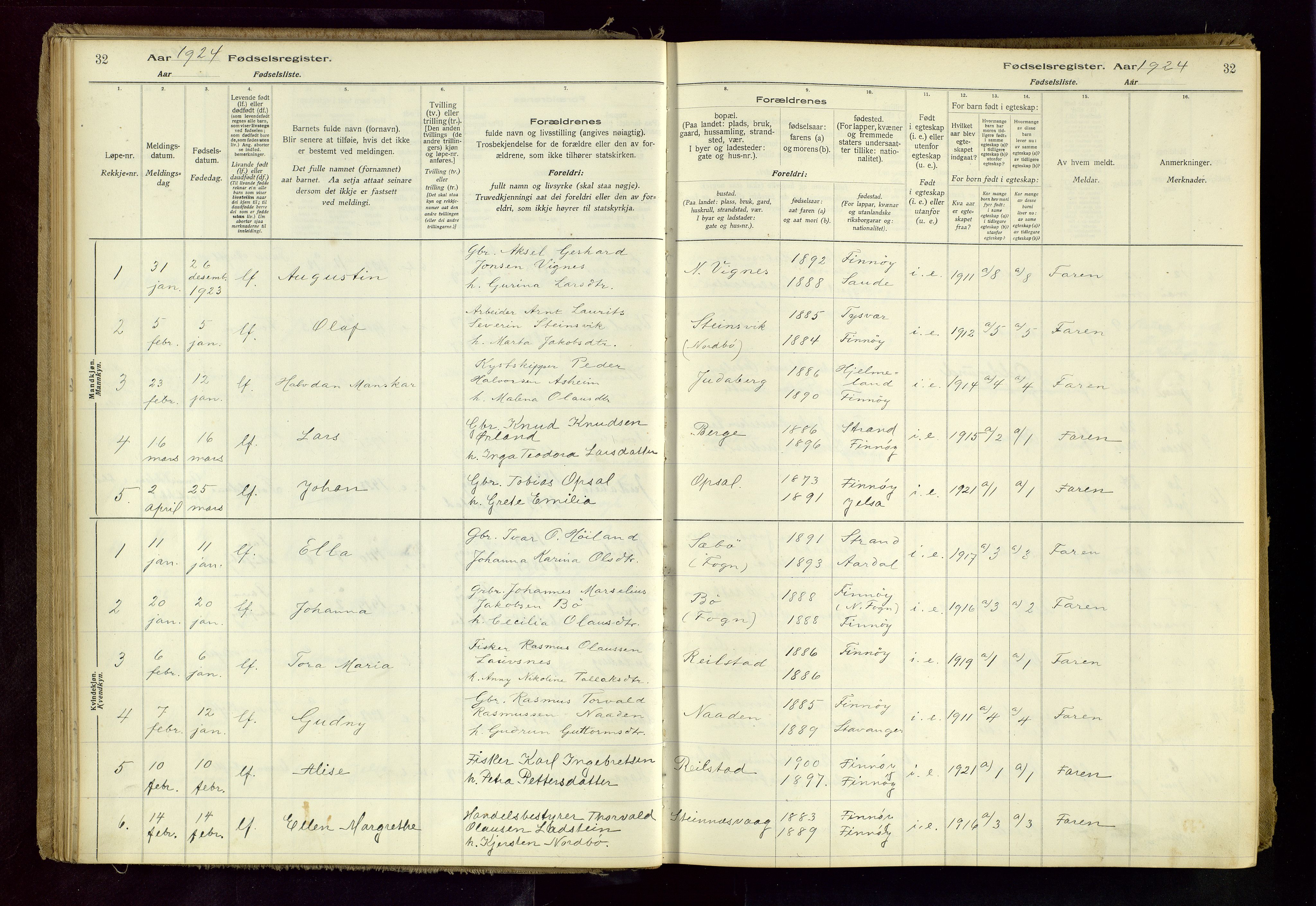 Finnøy sokneprestkontor, SAST/A-101825/I/Id/L0001: Fødselsregister nr. 1, 1916-1977, s. 32