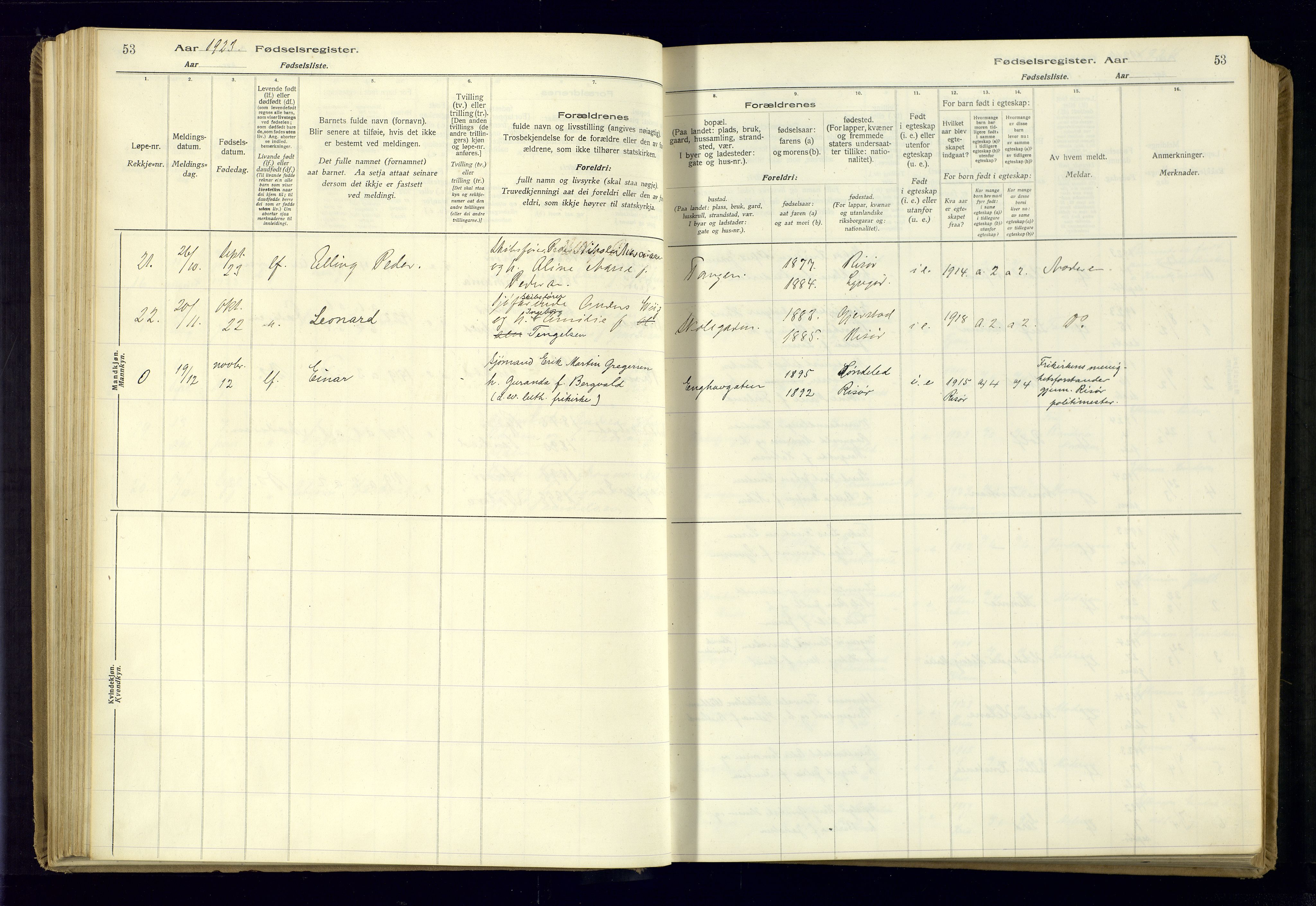 Risør sokneprestkontor, AV/SAK-1111-0035/J/Ja/L0001: Fødselsregister nr. A-VI-13, 1916-1947, s. 53