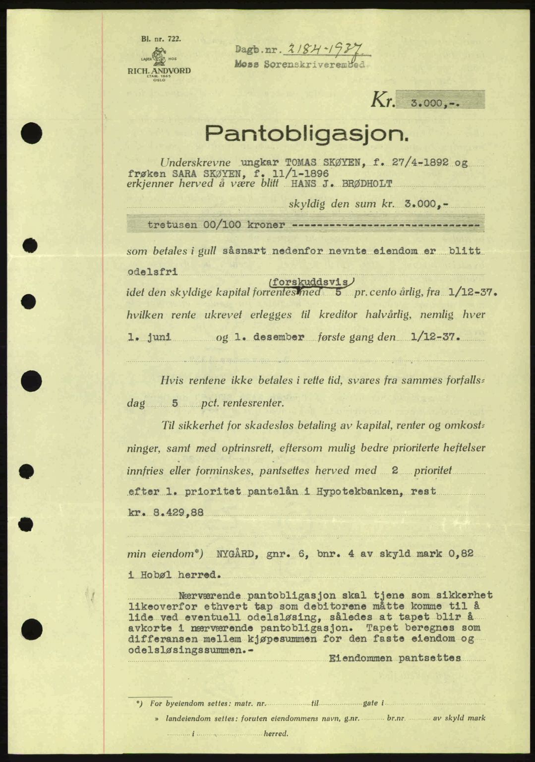 Moss sorenskriveri, SAO/A-10168: Pantebok nr. B4, 1937-1938, Dagboknr: 2184/1937