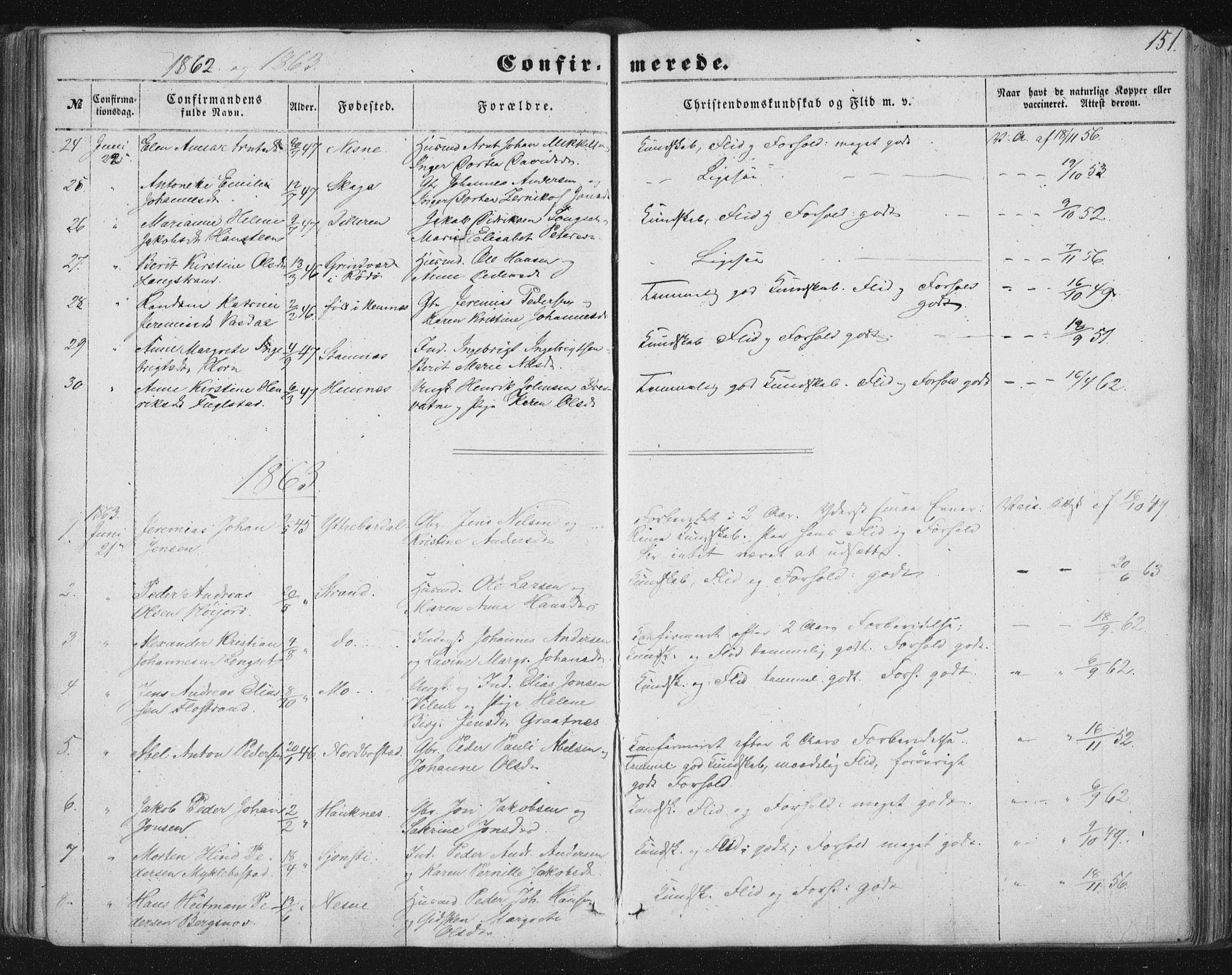 Ministerialprotokoller, klokkerbøker og fødselsregistre - Nordland, AV/SAT-A-1459/838/L0550: Ministerialbok nr. 838A08, 1855-1865, s. 151