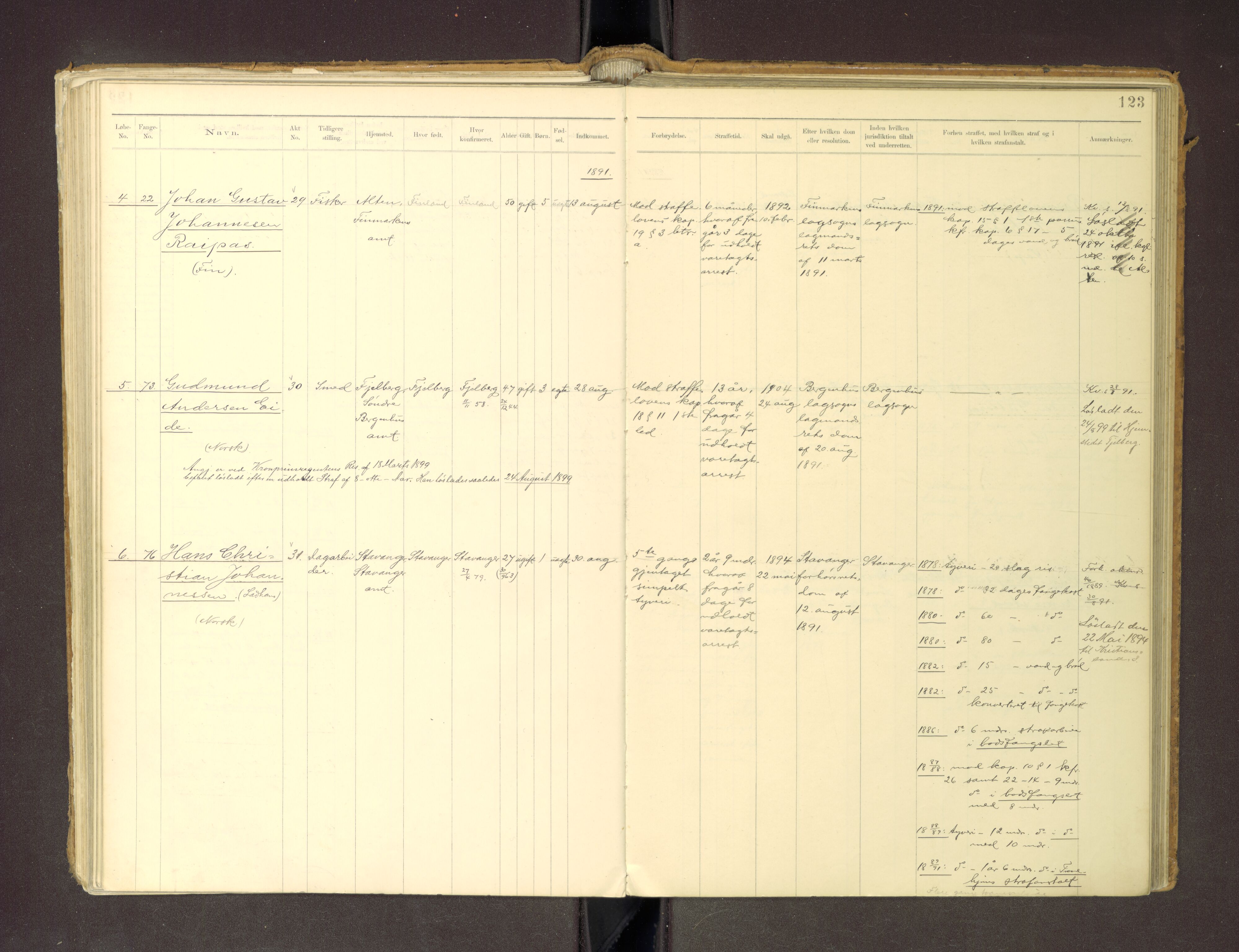 Trondheim tukthus, SAT/A-4619/05/65/L0036: 65.36 Fangeprotokoll m/reg, 1885-1898, s. 123