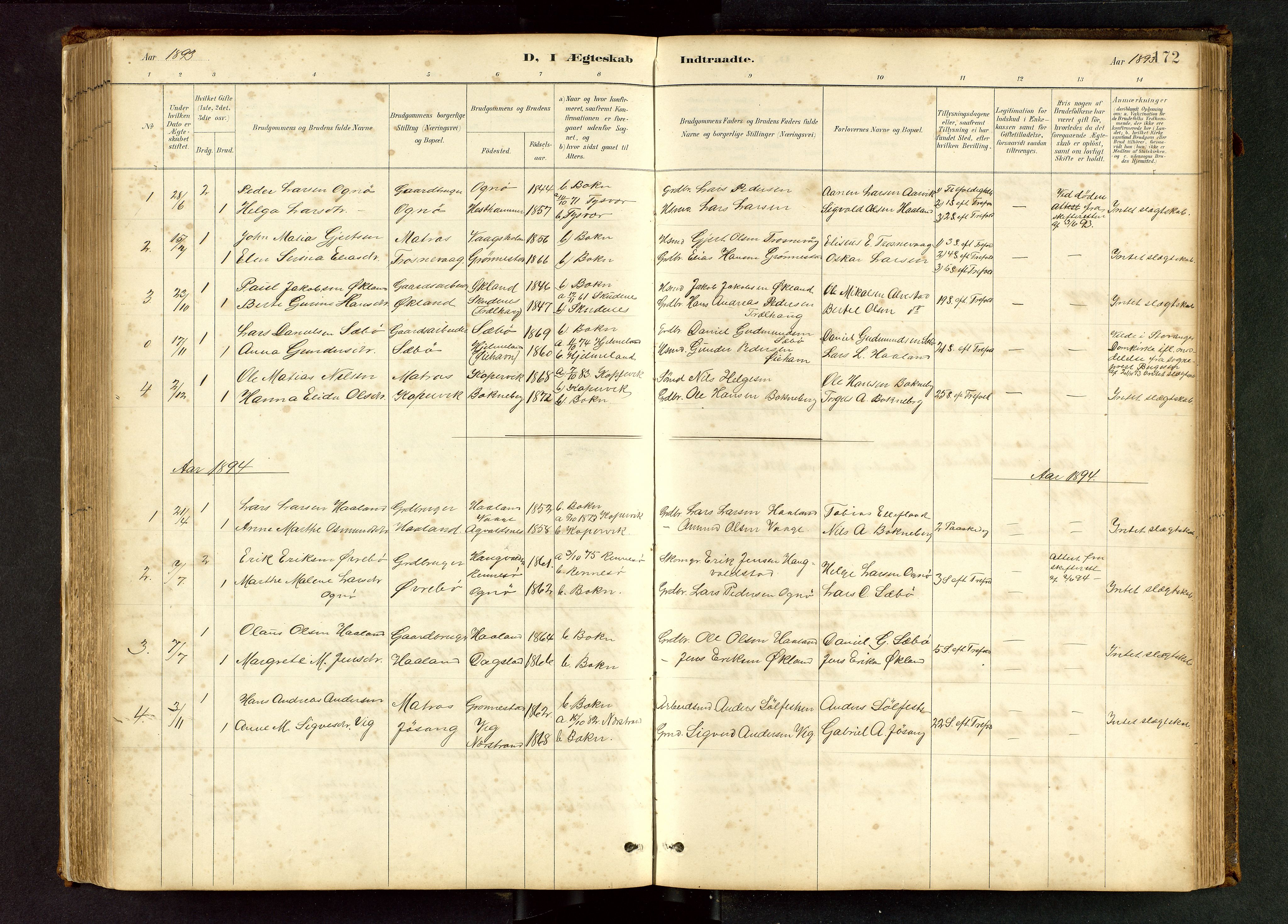 Tysvær sokneprestkontor, AV/SAST-A -101864/H/Ha/Hab/L0005: Klokkerbok nr. B 5, 1887-1947, s. 172