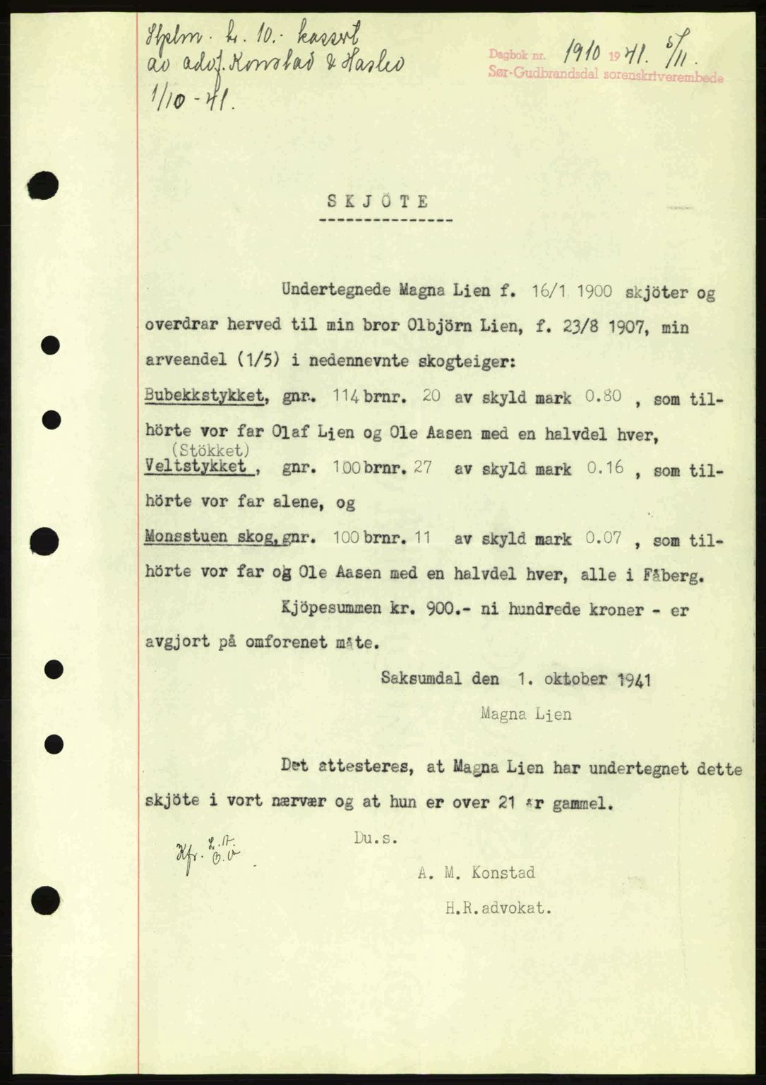 Sør-Gudbrandsdal tingrett, SAH/TING-004/H/Hb/Hbd/L0009: Pantebok nr. A9, 1941-1941, Dagboknr: 1910/1941