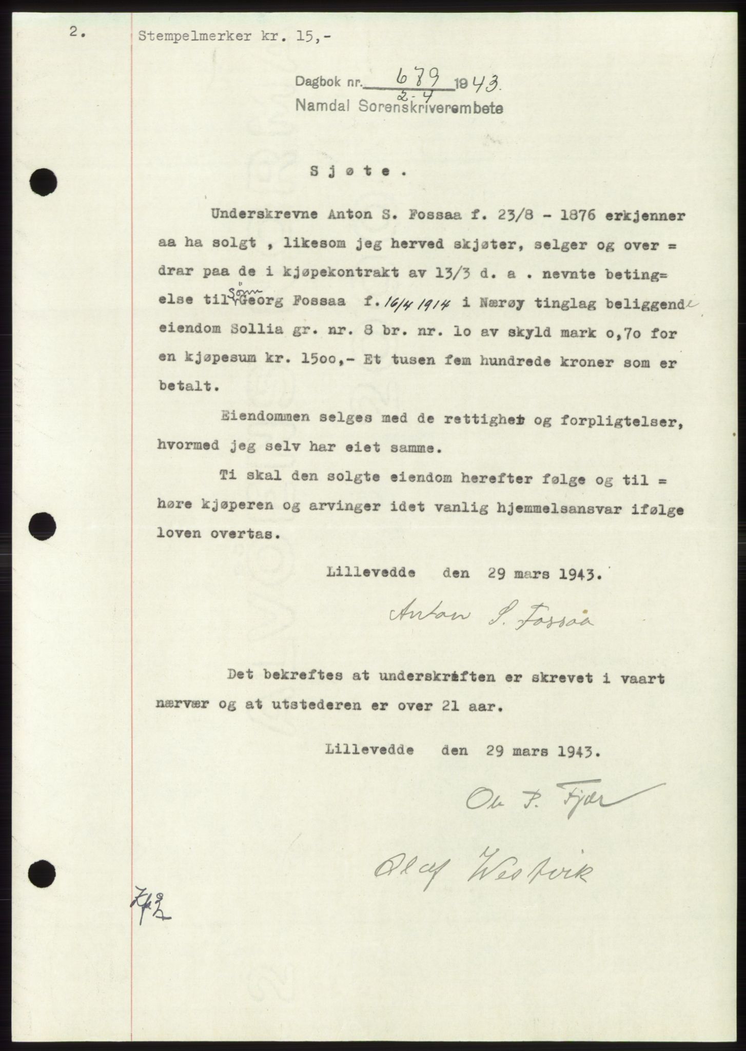 Namdal sorenskriveri, SAT/A-4133/1/2/2C: Pantebok nr. -, 1942-1943, Dagboknr: 679/1943