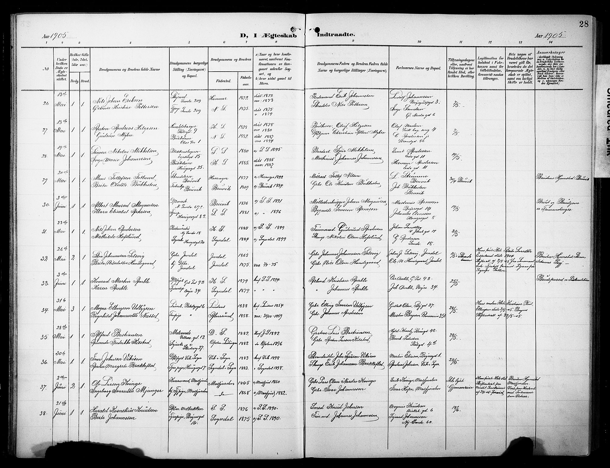 Sandviken Sokneprestembete, AV/SAB-A-77601/H/Hb/L0014: Klokkerbok nr. D 1, 1902-1929, s. 28