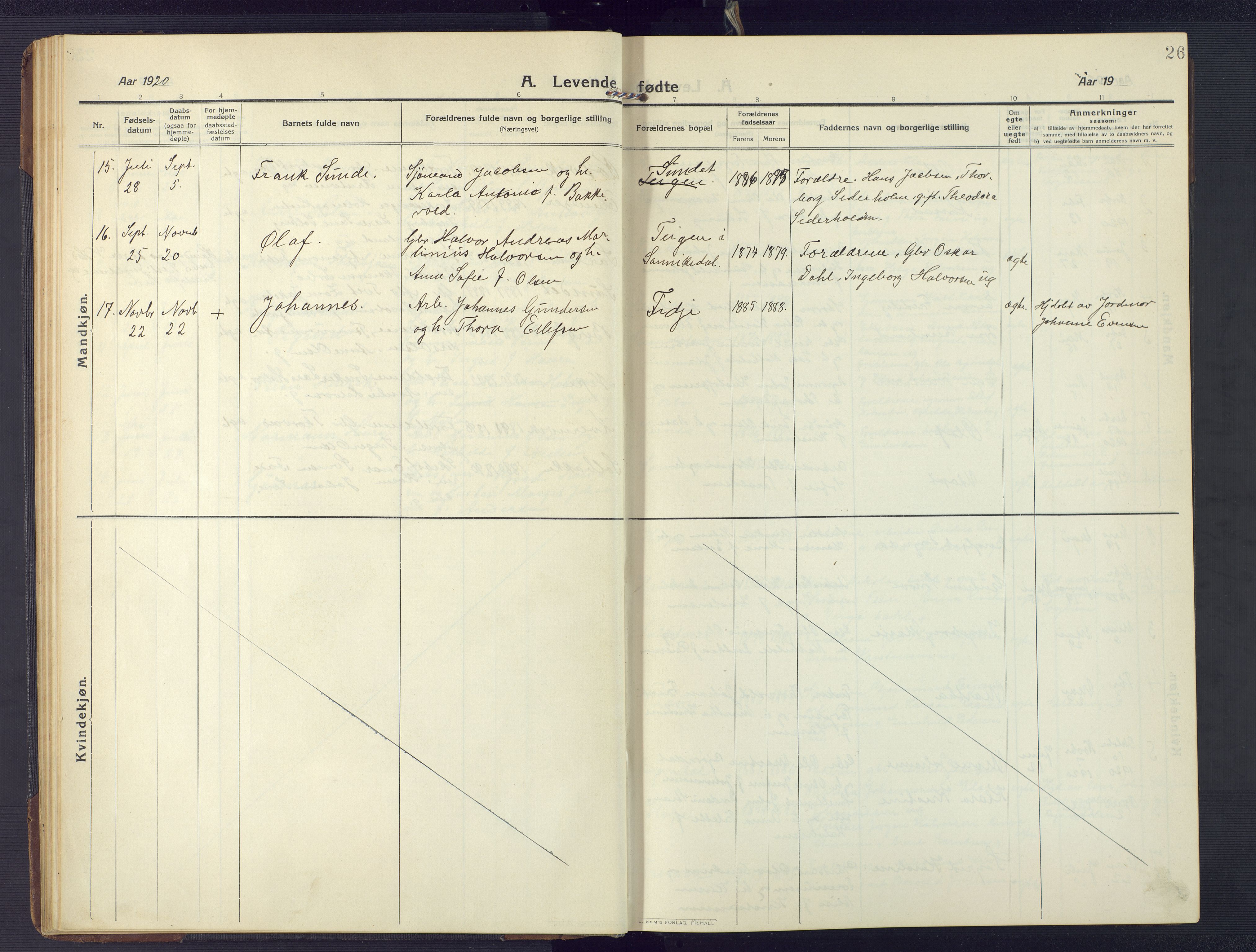 Søndeled sokneprestkontor, AV/SAK-1111-0038/F/Fb/L0006: Klokkerbok nr. B 7, 1912-1947, s. 26