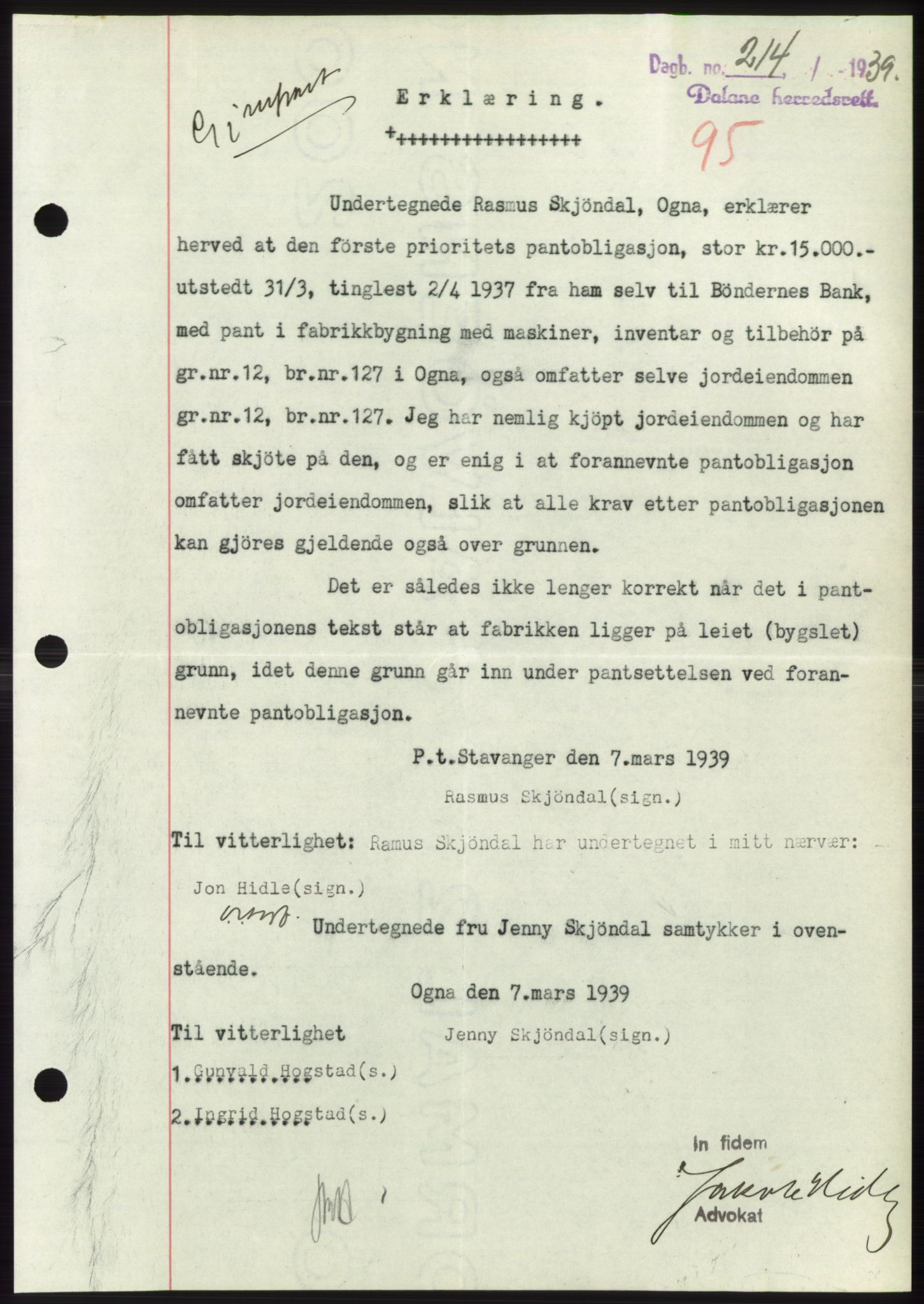 Dalane sorenskriveri, SAST/A-100309/02/G/Gb/L0058: Pantebok, 1926-1950, Tingl.dato: 13.03.1939