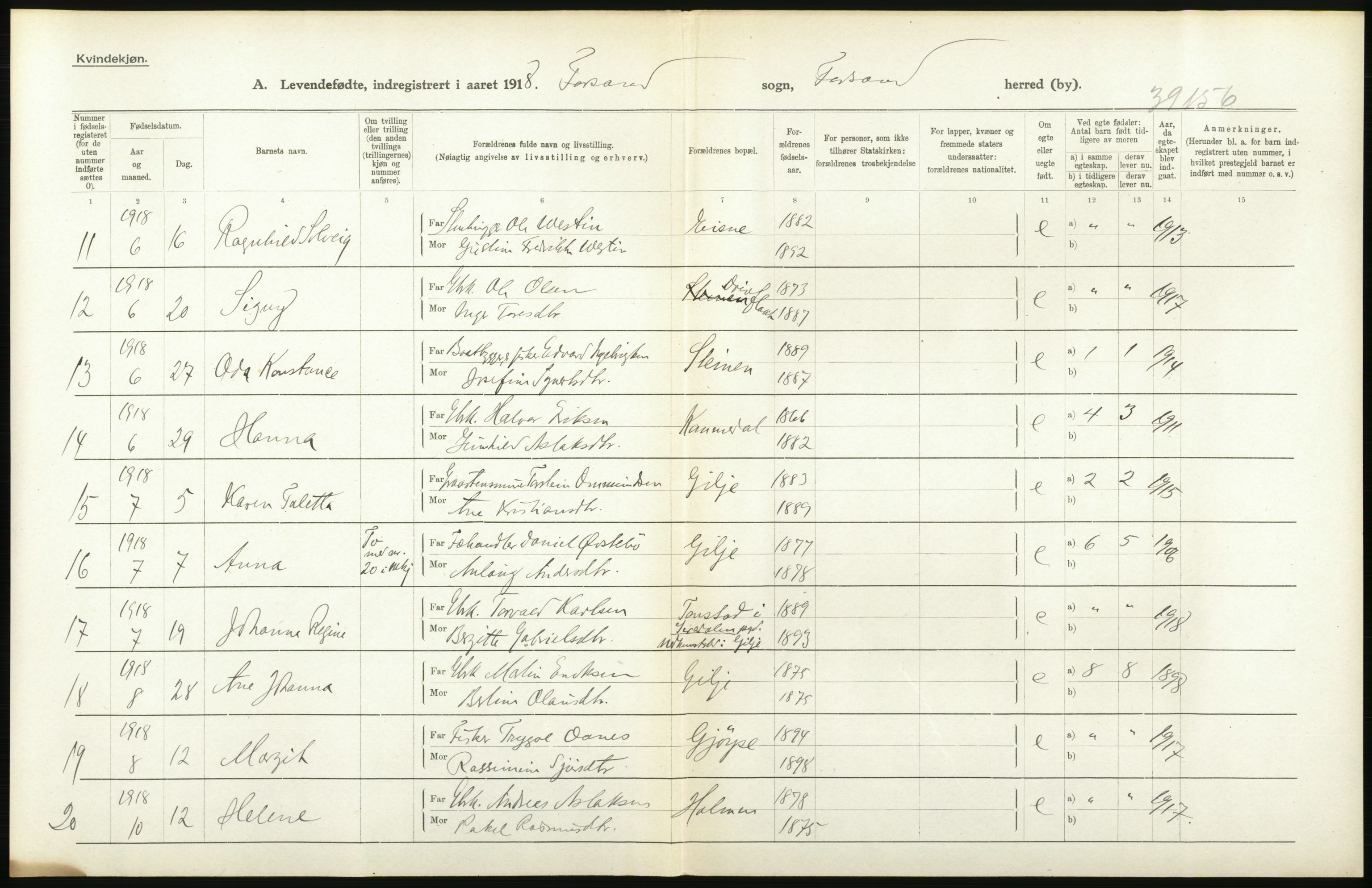 Statistisk sentralbyrå, Sosiodemografiske emner, Befolkning, AV/RA-S-2228/D/Df/Dfb/Dfbh/L0031: Rogaland fylke: Levendefødte menn og kvinner. Bygder., 1918