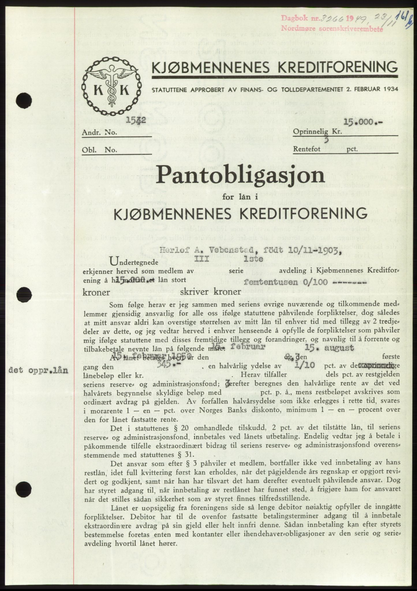 Nordmøre sorenskriveri, AV/SAT-A-4132/1/2/2Ca: Pantebok nr. B103, 1949-1950, Dagboknr: 3266/1949