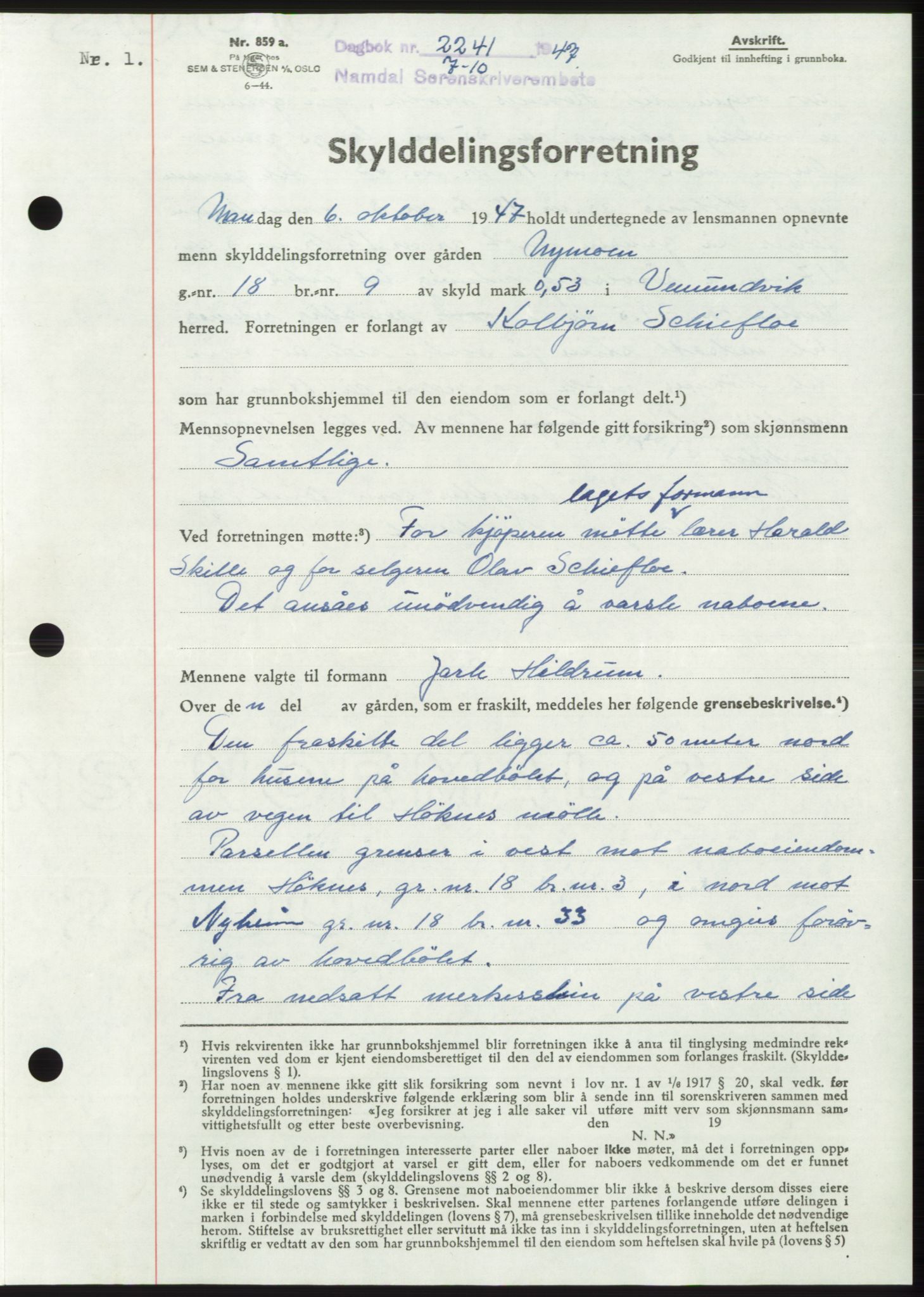 Namdal sorenskriveri, SAT/A-4133/1/2/2C: Pantebok nr. -, 1947-1947, Dagboknr: 2241/1947
