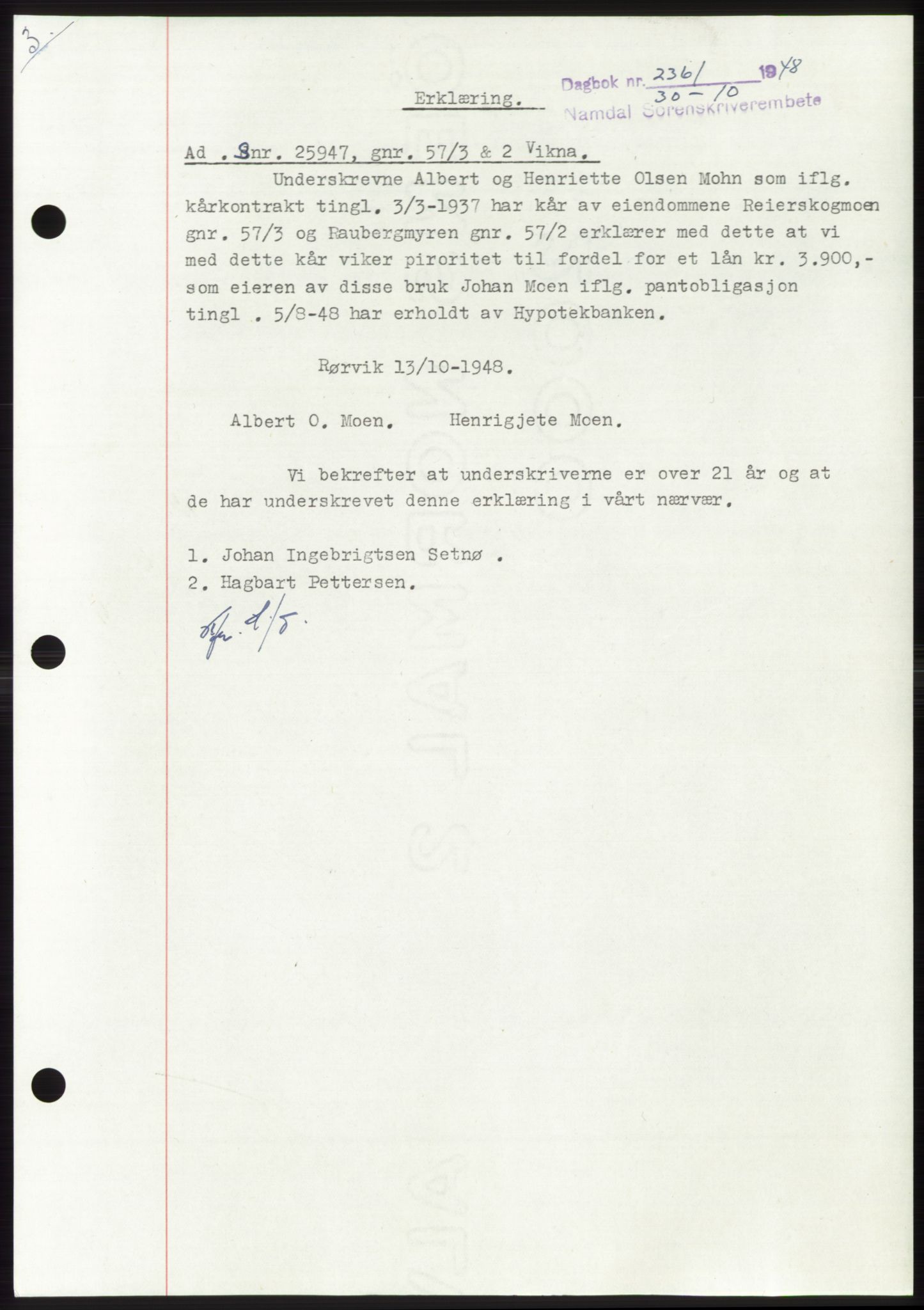 Namdal sorenskriveri, SAT/A-4133/1/2/2C: Pantebok nr. -, 1948-1948, Dagboknr: 2361/1948