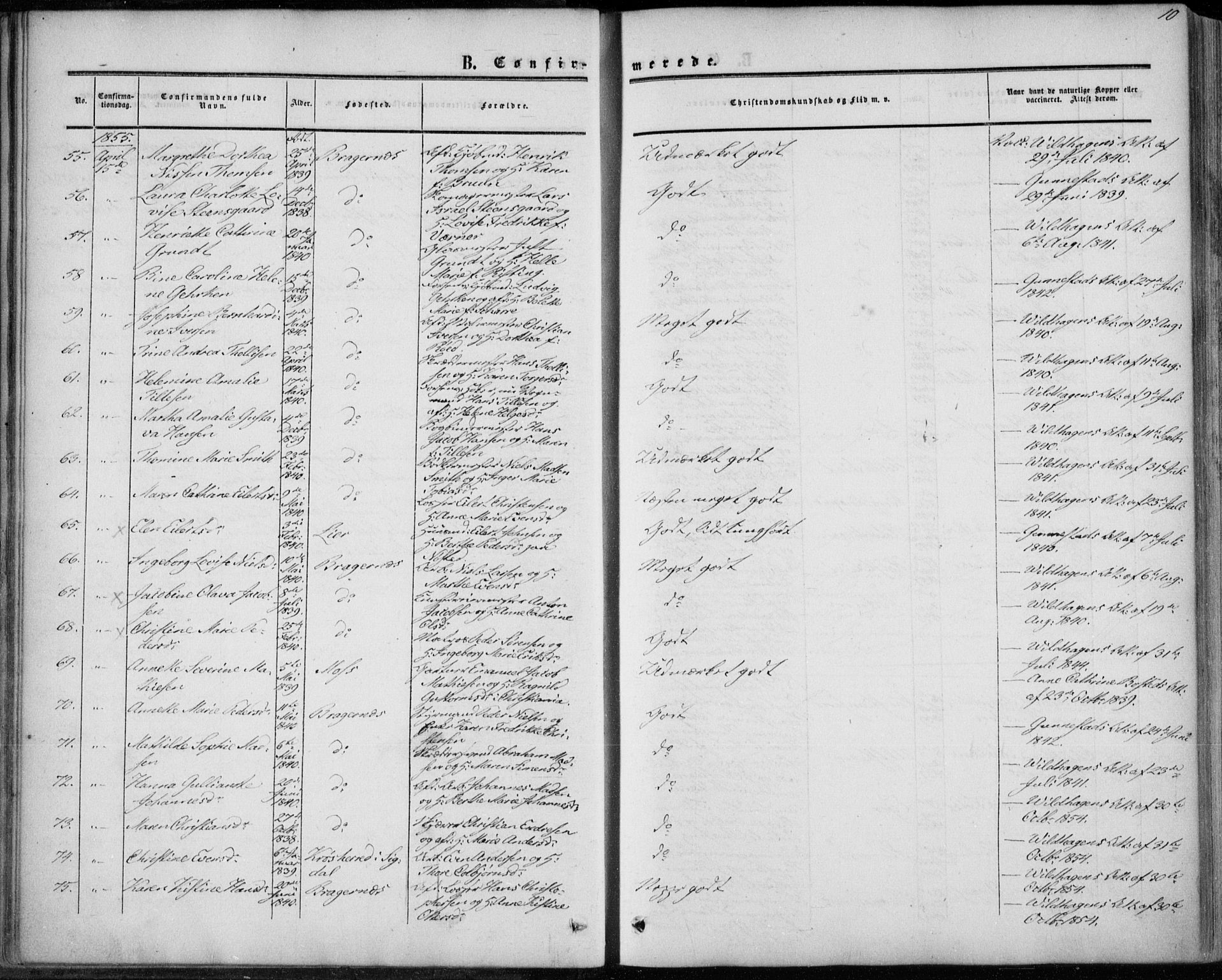 Bragernes kirkebøker, AV/SAKO-A-6/F/Fc/L0002: Ministerialbok nr. III 2, 1854-1865, s. 10