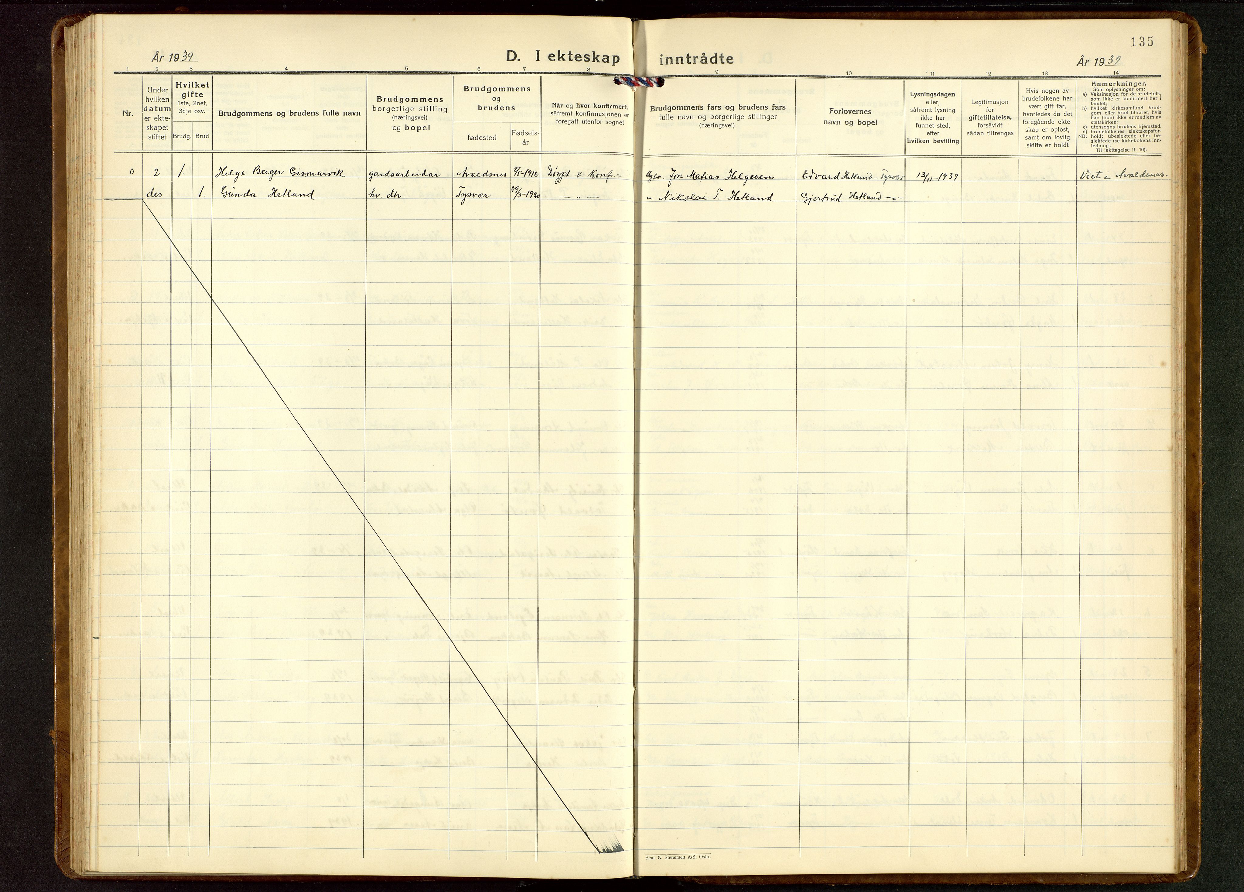 Tysvær sokneprestkontor, AV/SAST-A -101864/H/Ha/Hab/L0006: Klokkerbok nr. B 6, 1932-1946, s. 135