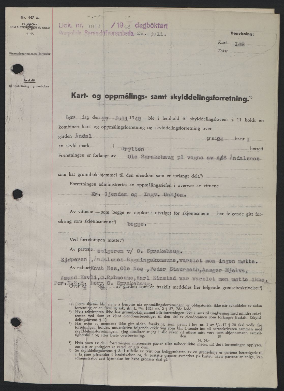 Romsdal sorenskriveri, SAT/A-4149/1/2/2C: Pantebok nr. A26, 1948-1948, Dagboknr: 1913/1948