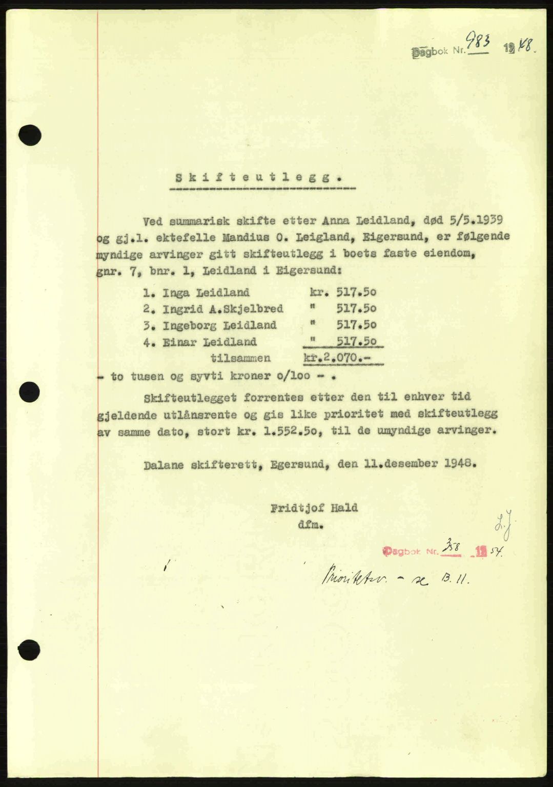 Dalane sorenskriveri, SAST/A-100309/02/G/Gb/L0057: Pantebok nr. B6-11, 1946-1950, Dagboknr: 983/1948