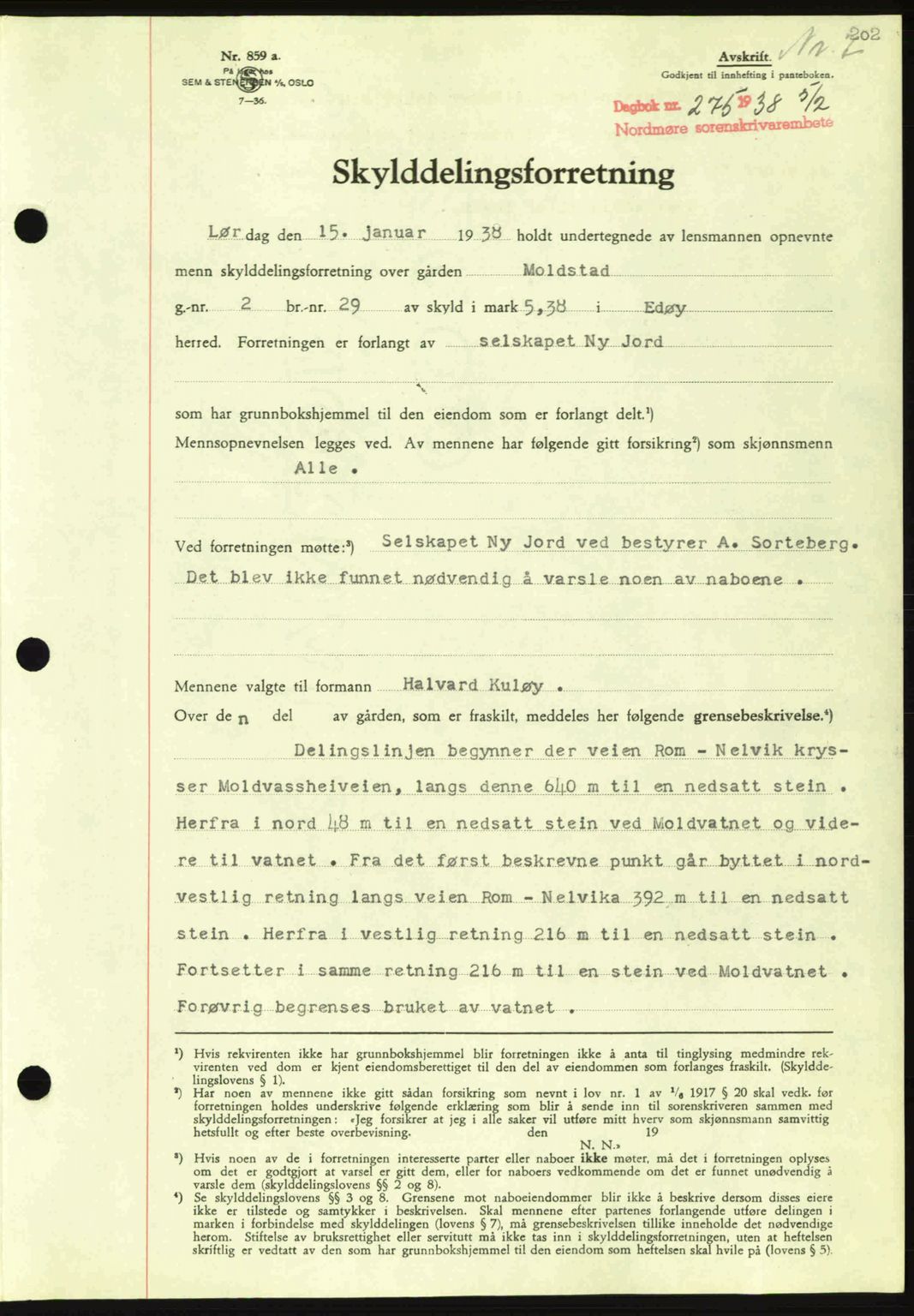 Nordmøre sorenskriveri, SAT/A-4132/1/2/2Ca: Pantebok nr. A83, 1938-1938, Dagboknr: 275/1938