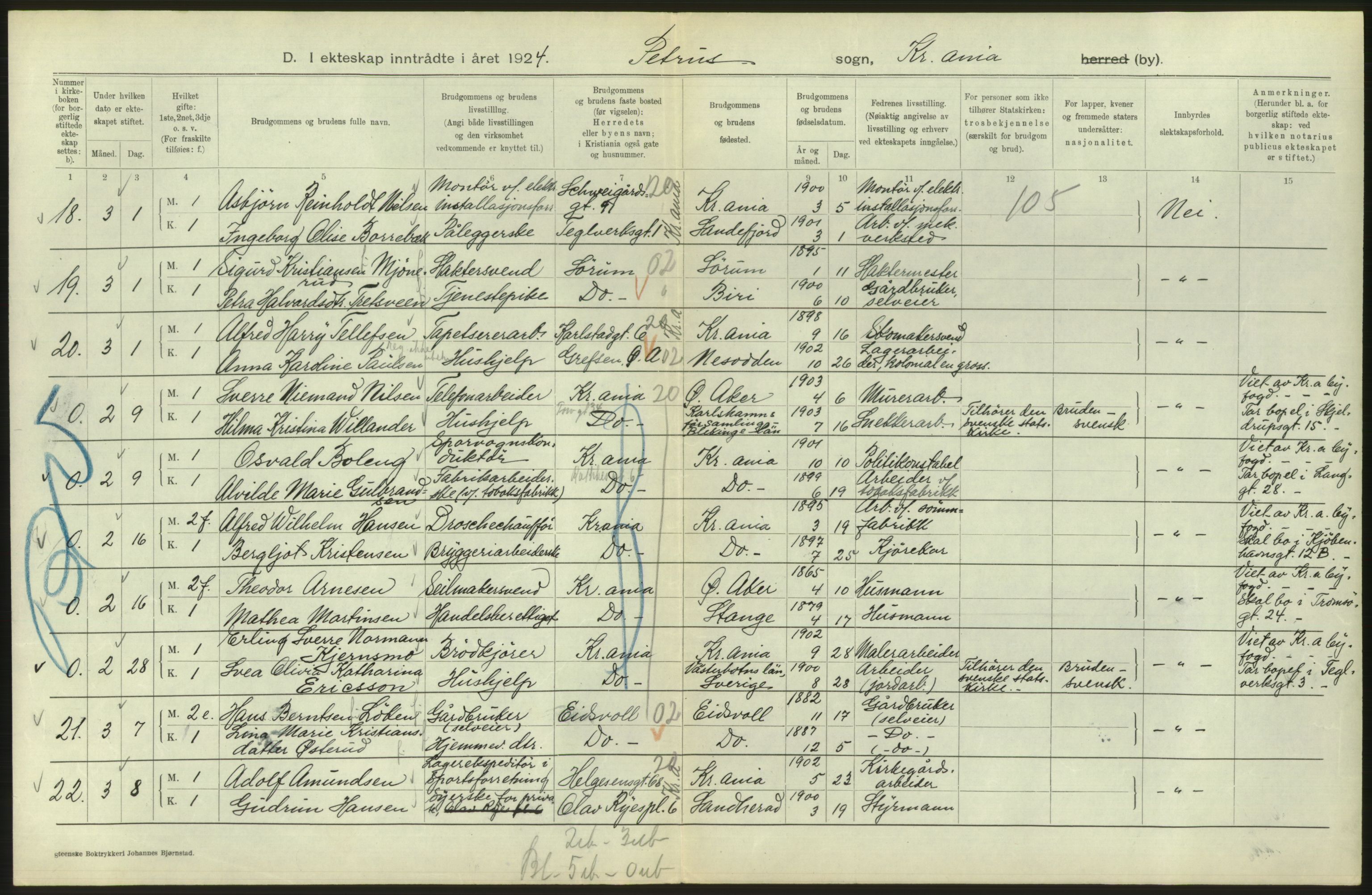 Statistisk sentralbyrå, Sosiodemografiske emner, Befolkning, AV/RA-S-2228/D/Df/Dfc/Dfcd/L0007: Kristiania: Gifte, 1924, s. 404