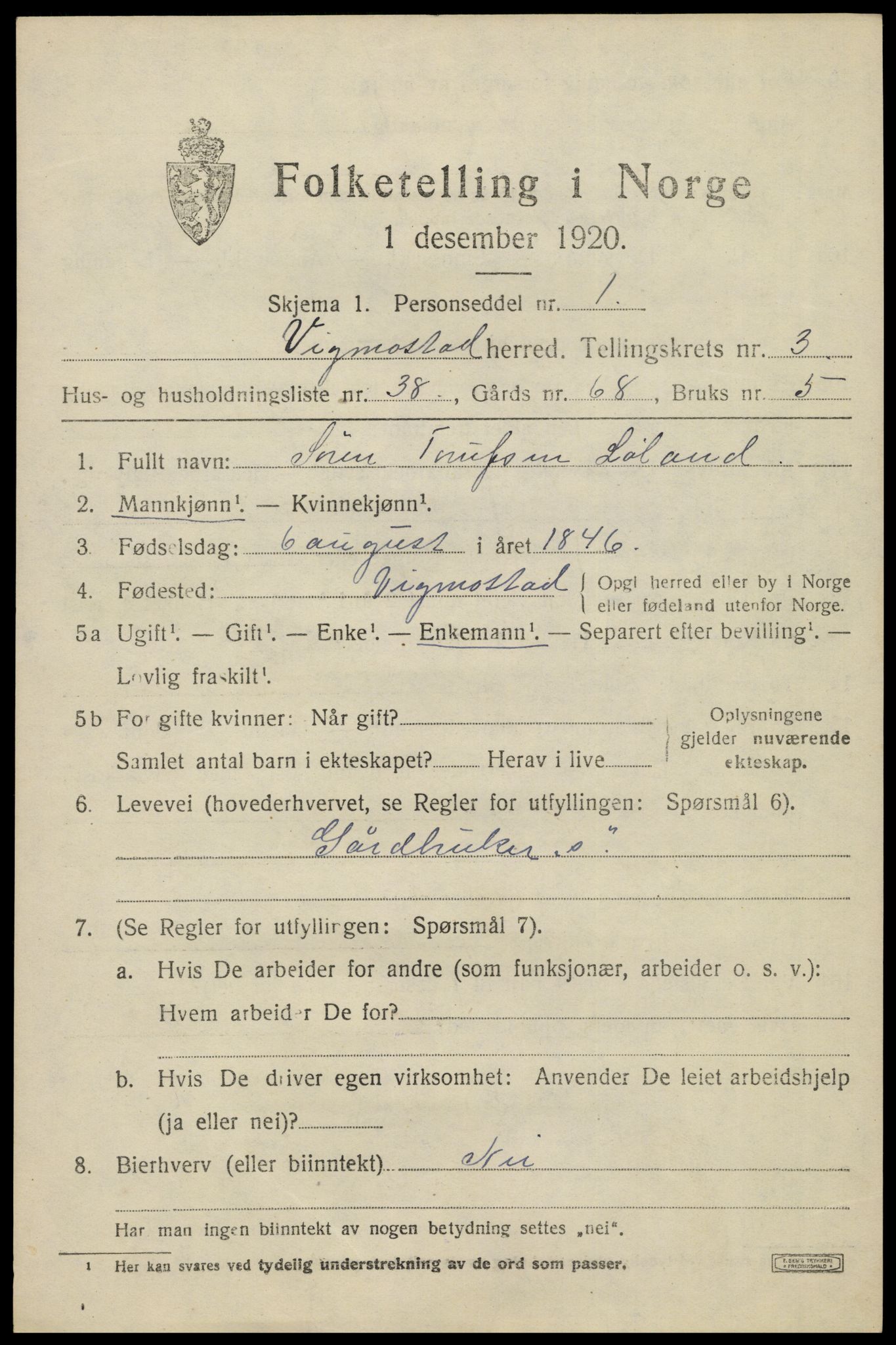 SAK, Folketelling 1920 for 1028 Vigmostad herred, 1920, s. 1131