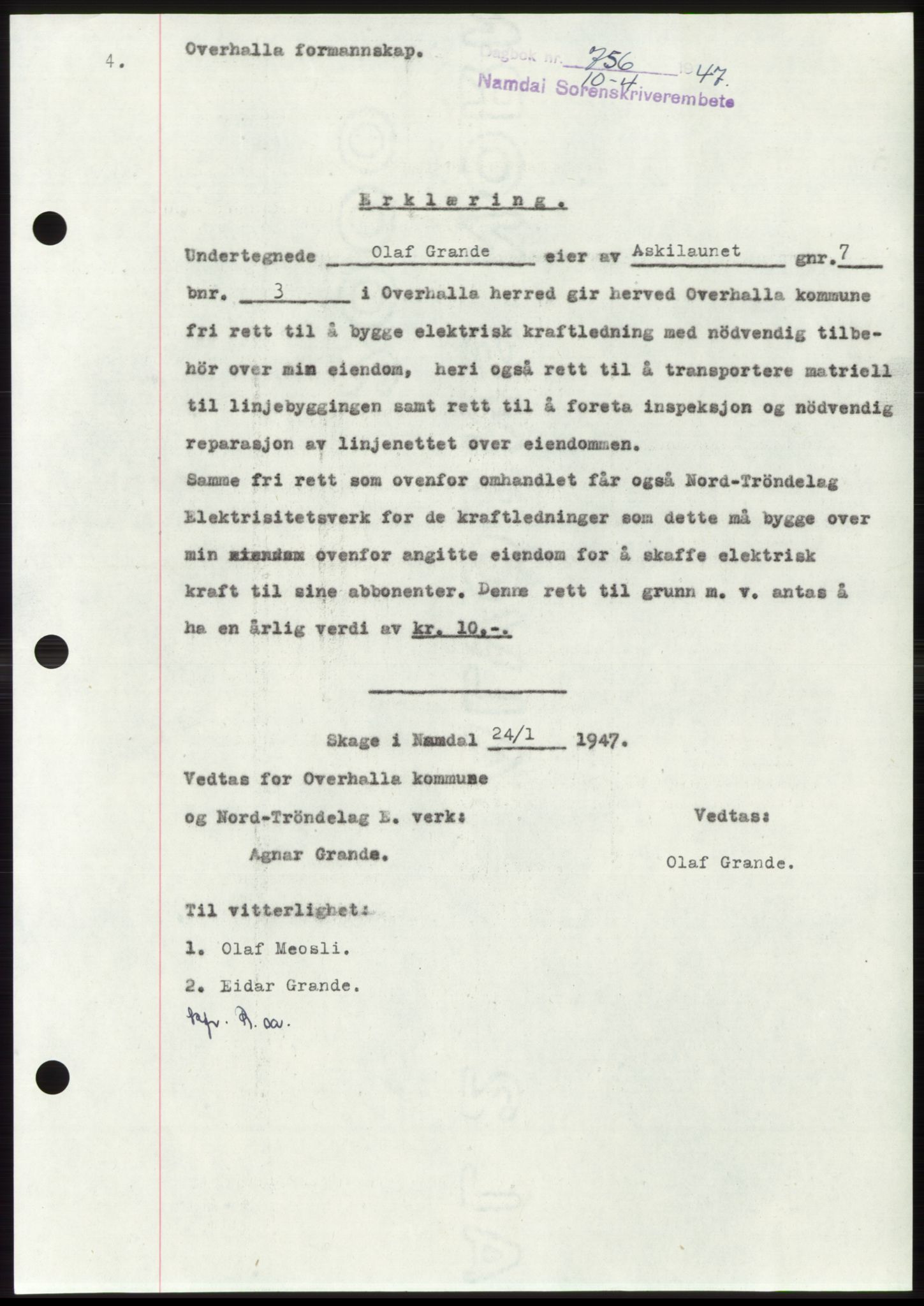 Namdal sorenskriveri, SAT/A-4133/1/2/2C: Pantebok nr. -, 1947-1947, Dagboknr: 756/1947