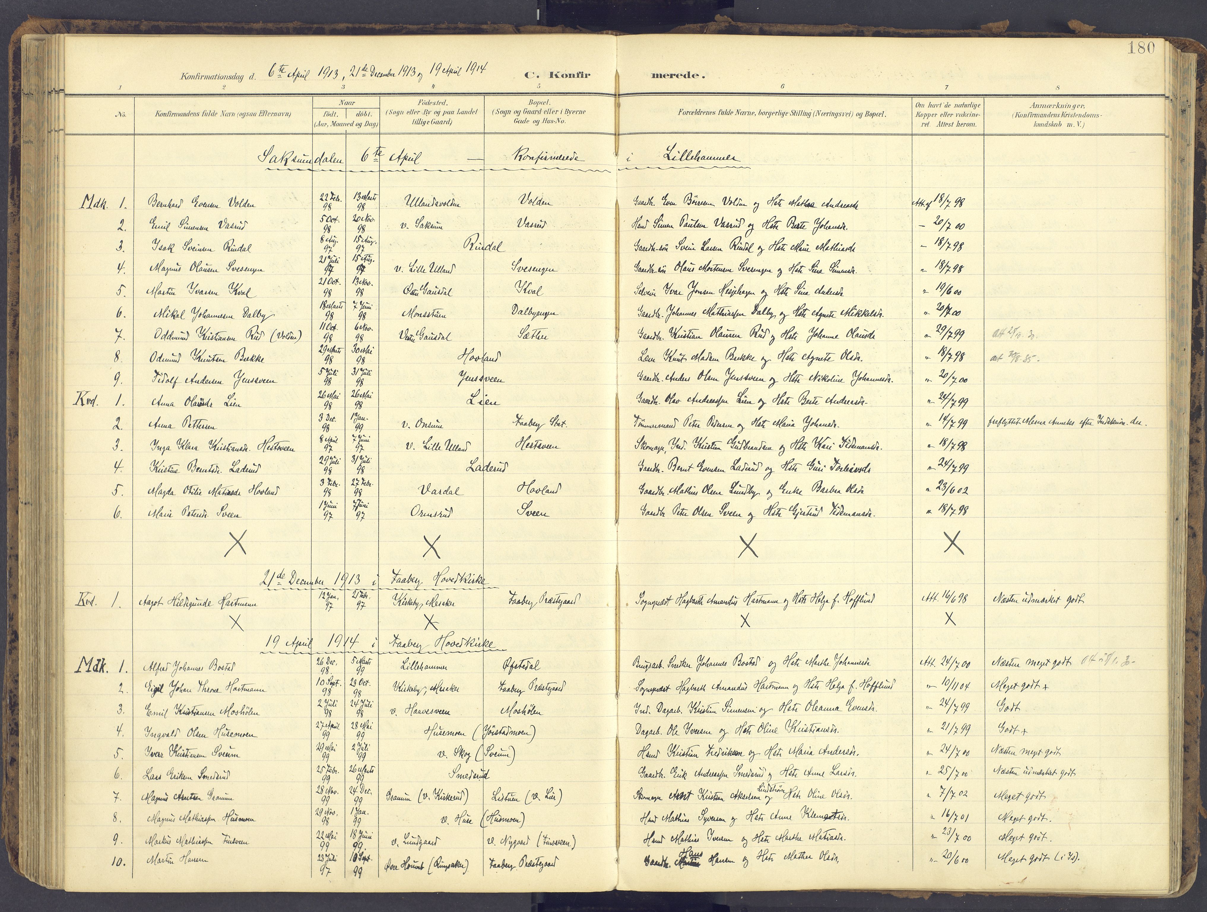 Fåberg prestekontor, SAH/PREST-086/H/Ha/Haa/L0012: Ministerialbok nr. 12, 1899-1915, s. 180