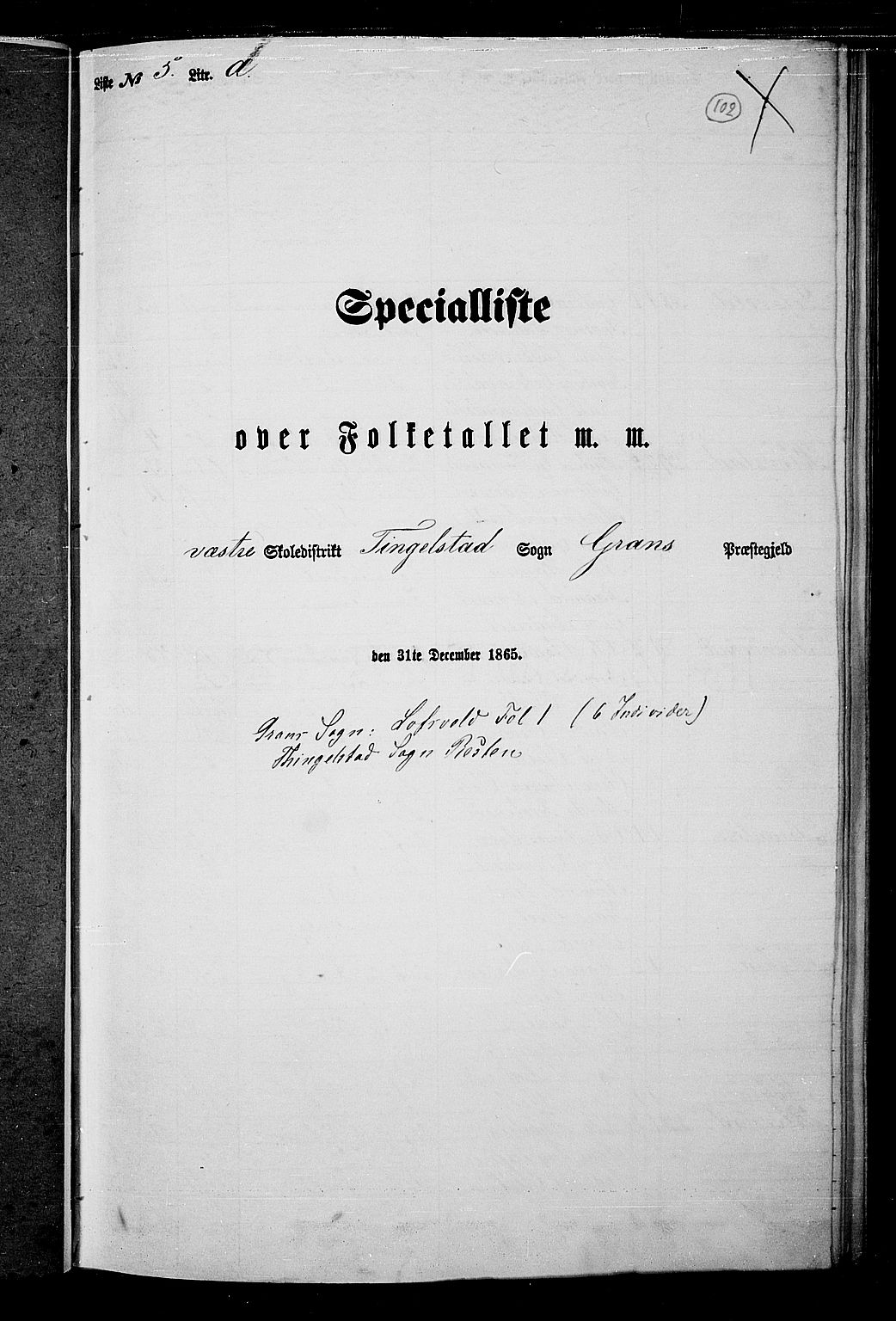 RA, Folketelling 1865 for 0534P Gran prestegjeld, 1865, s. 284