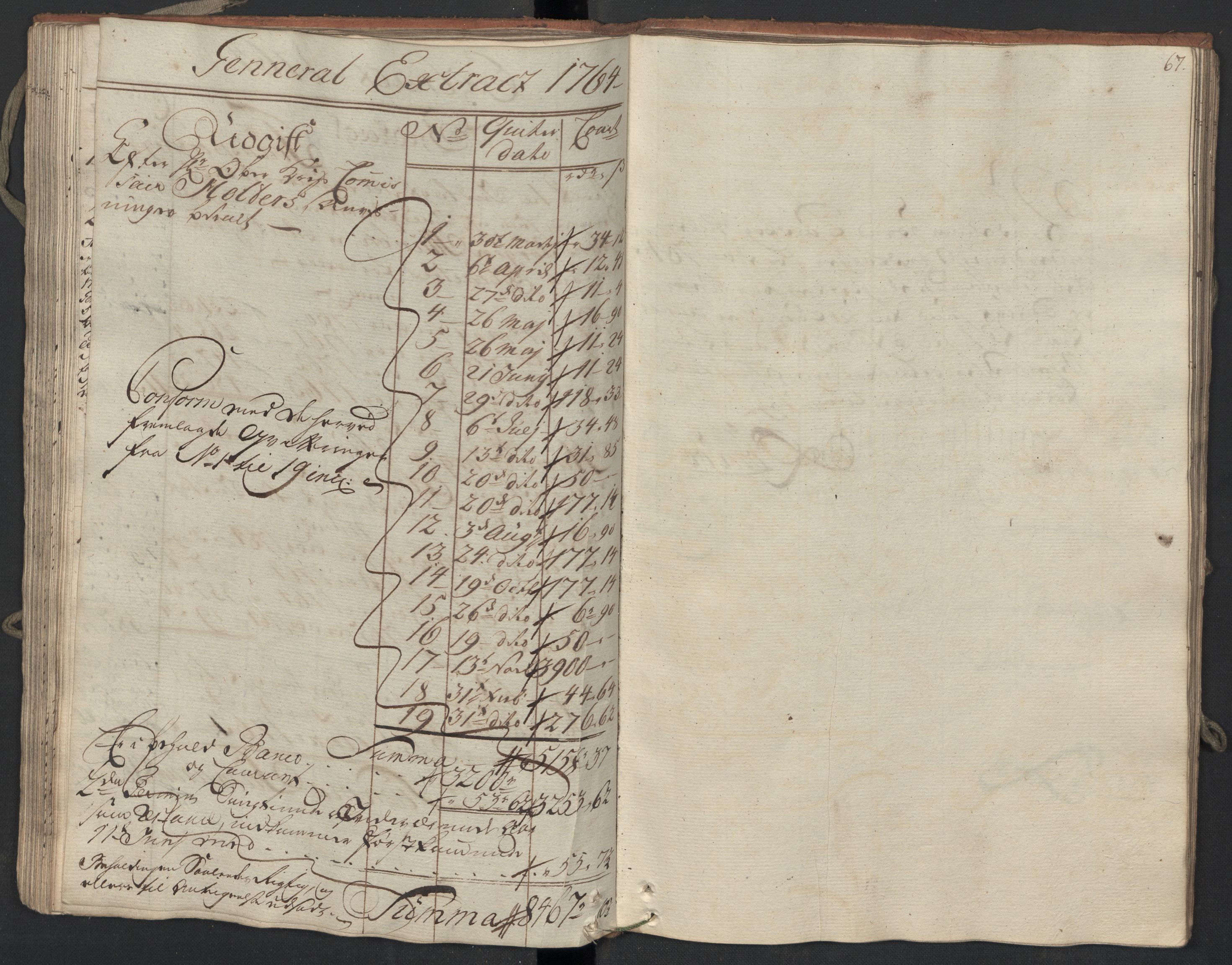 Generaltollkammeret, tollregnskaper, AV/RA-EA-5490/R09/L0038/0001: Tollregnskaper Holmestrand / Utgående hovedtollbok, 1764, s. 66b-67a