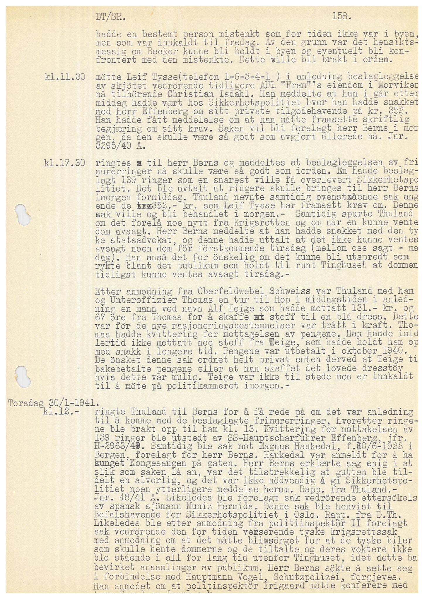 Bergen politikammer / politidistrikt, SAB/A-60401/Y/Ye/L0001: Avskrift av krigsdagbok av Dankert Thuland, 1940-1941, s. 158