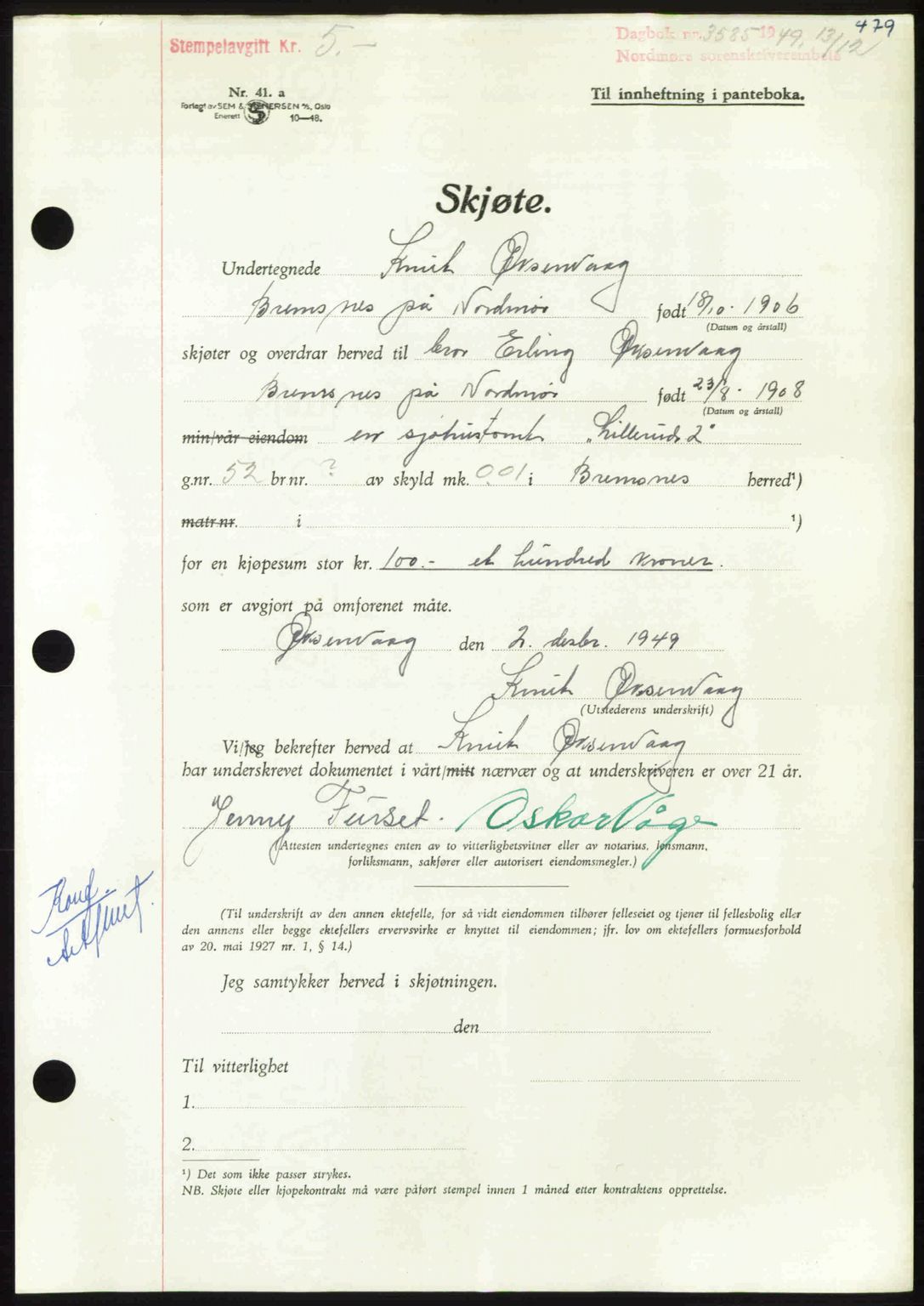 Nordmøre sorenskriveri, AV/SAT-A-4132/1/2/2Ca: Pantebok nr. A113, 1949-1950, Dagboknr: 3585/1949