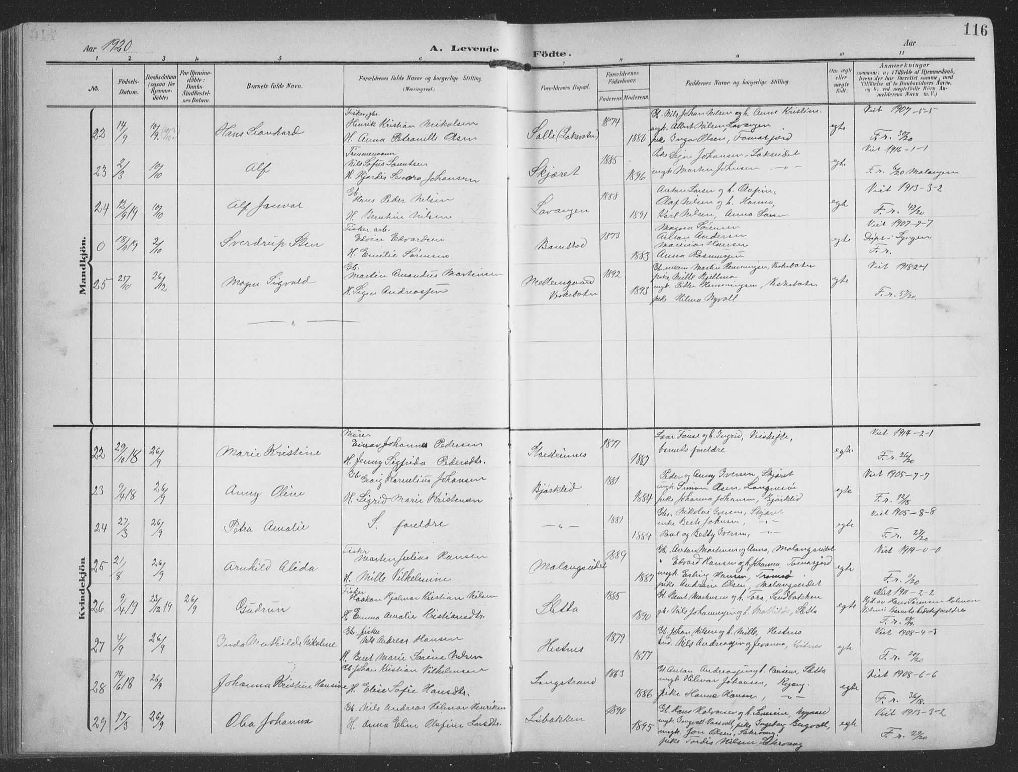 Balsfjord sokneprestembete, AV/SATØ-S-1303/G/Ga/L0009klokker: Klokkerbok nr. 9, 1906-1920, s. 116