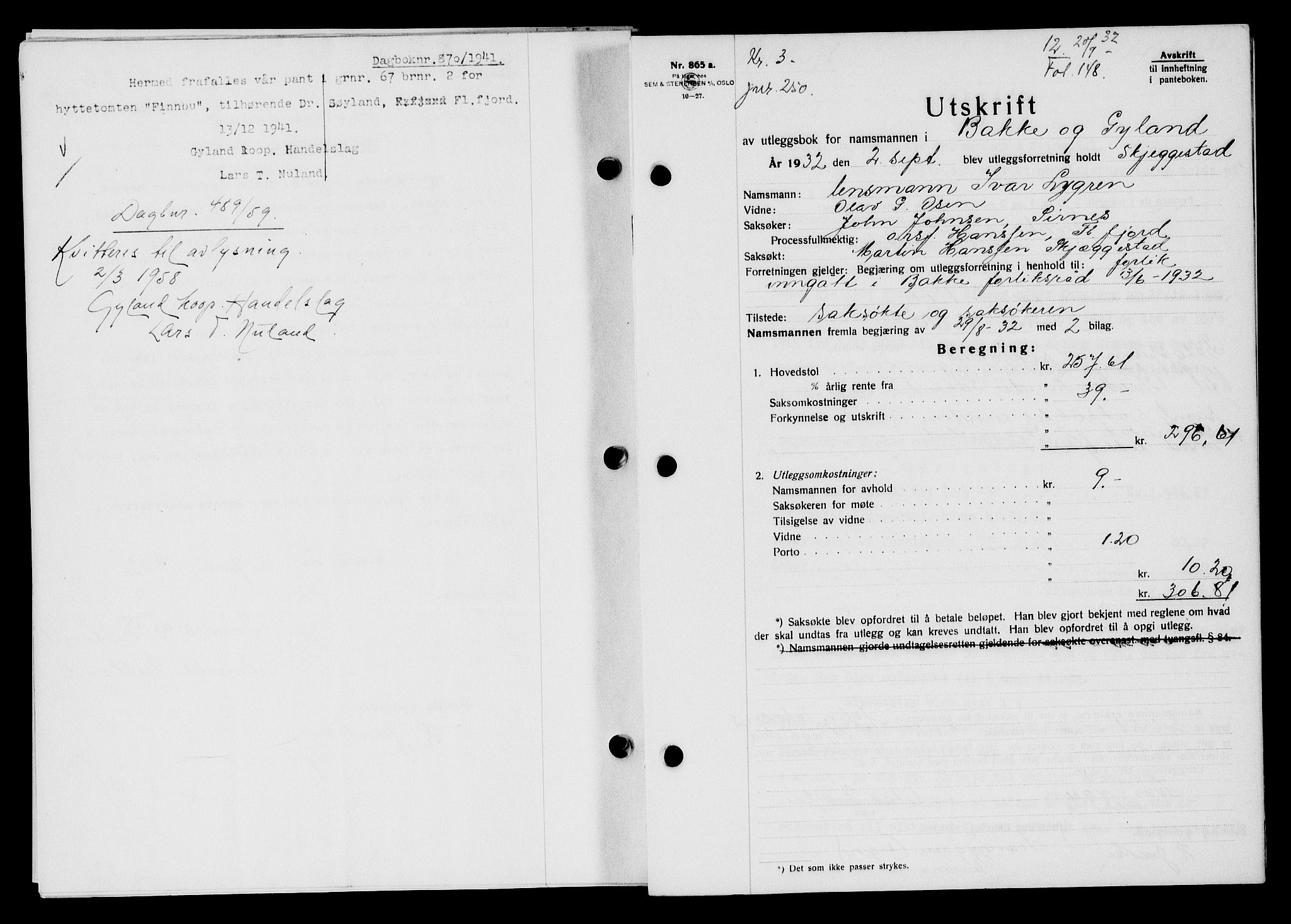 Flekkefjord sorenskriveri, SAK/1221-0001/G/Gb/Gba/L0047: Pantebok nr. 45, 1931-1932, Tingl.dato: 20.09.1932