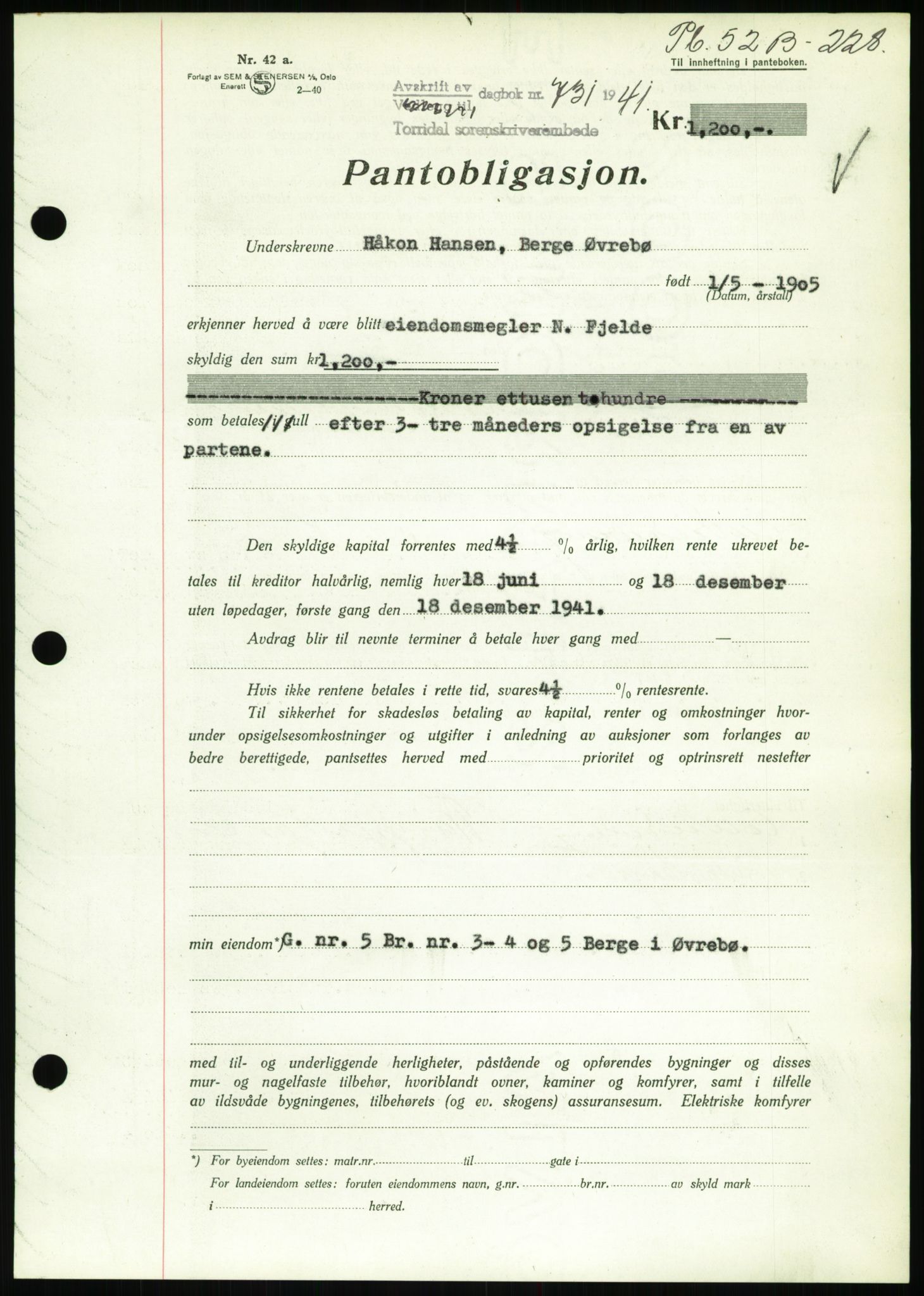 Torridal sorenskriveri, SAK/1221-0012/G/Gb/Gbb/L0008: Pantebok nr. 52b, 1940-1942, Dagboknr: 731/1941